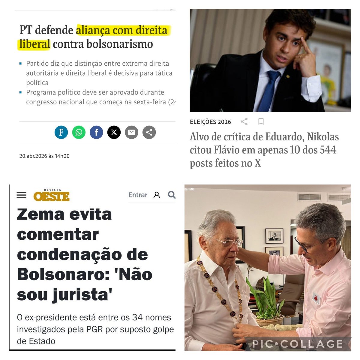 O NOVO🍊 criou um Zema personagem “anti-sistema” pra tentar enganar o eleitor bolsonarista.

Depois de apoiar toda a perseguição contra os bolsonaristas, Zema agora finge bravura contra o STF — igual o Alckmin fingia ser contra o Luladrão.

A turma do nikolas, em vez de