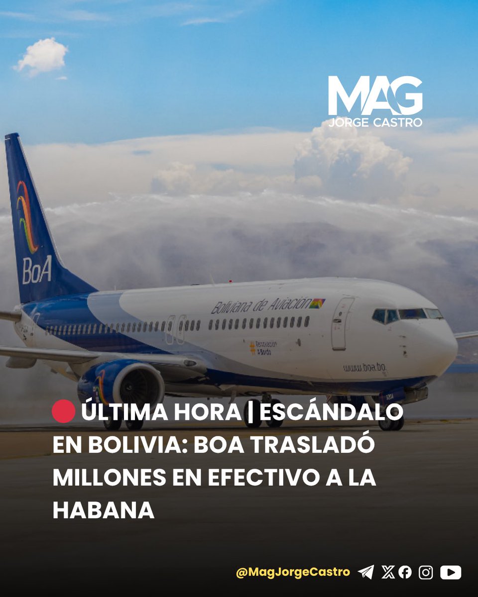 MagJorgeCastro's tweet image. ⚠️⚠️Escándalo en Bolivia: Aerolínea estatal trasladó millones en efectivo a La Habana

Una investigación oficial en #Bolivia reveló que la aerolínea estatal Boliviana de Aviación (BoA) trasladó más de 11,8 millones de bolivianos en efectivo hacia La Habana durante el gobierno de