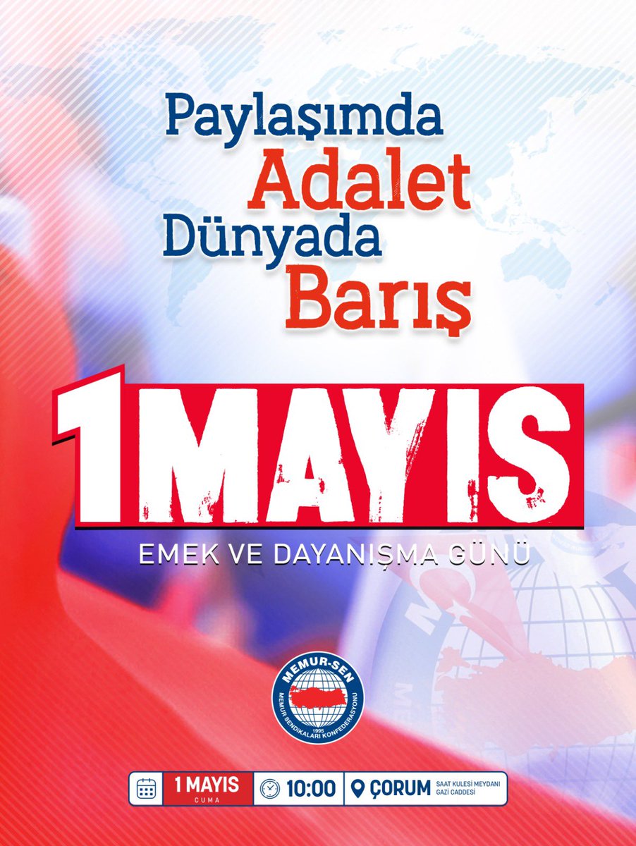 huseyinozturk_1's tweet photo. 1 MAYIS’TA ÇORUM’DAYIZ

Emeğin hakkını savunmak, adaletli bir paylaşım ve barış dolu bir dünya için omuz omuza…

📍 Hakkımız için meydandayız!
Alın terinin değer bulduğu, emeğin karşılığını aldığı bir düzen için ses veriyoruz.

🕙 10:00
📌 Çorum Saat Kulesi Meydanı

Kadeş’in barış mirasını, Ahi geleneğinin emek ve adalet terbiyesini taşıyan Çorum’da buluşuyoruz.

Paylaşımda adalet, dünyada barış!”