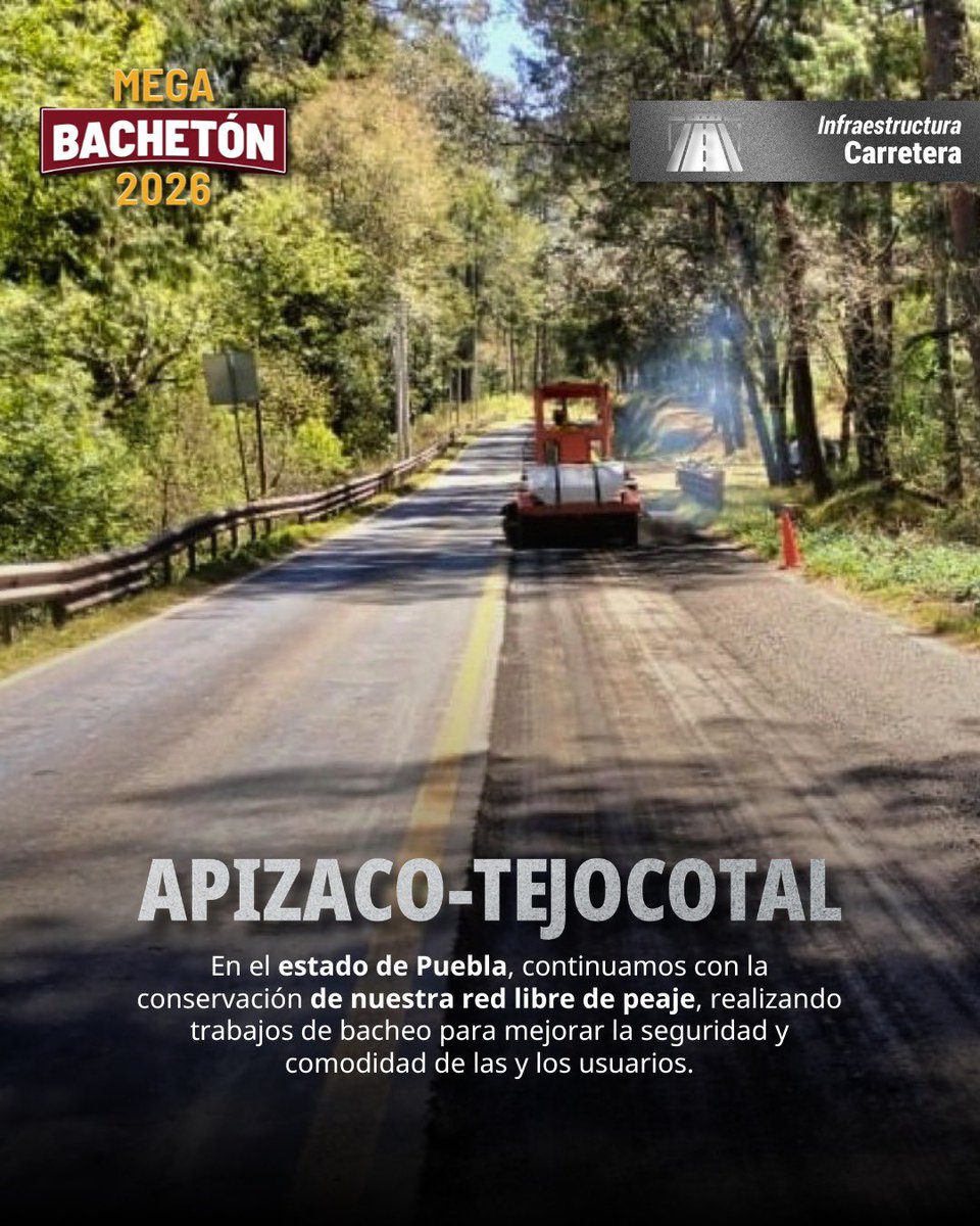 🚧 En el Centro SICT Puebla, a través del programa #Megabachetón, intervenimos el tramo Apizaco–Tejocotal de nuestra Red Libre de Peaje, realizando trabajos de bacheo para mejorar las condiciones de circulación.

✅ Con estas acciones, conservamos y mantenemos más seguras