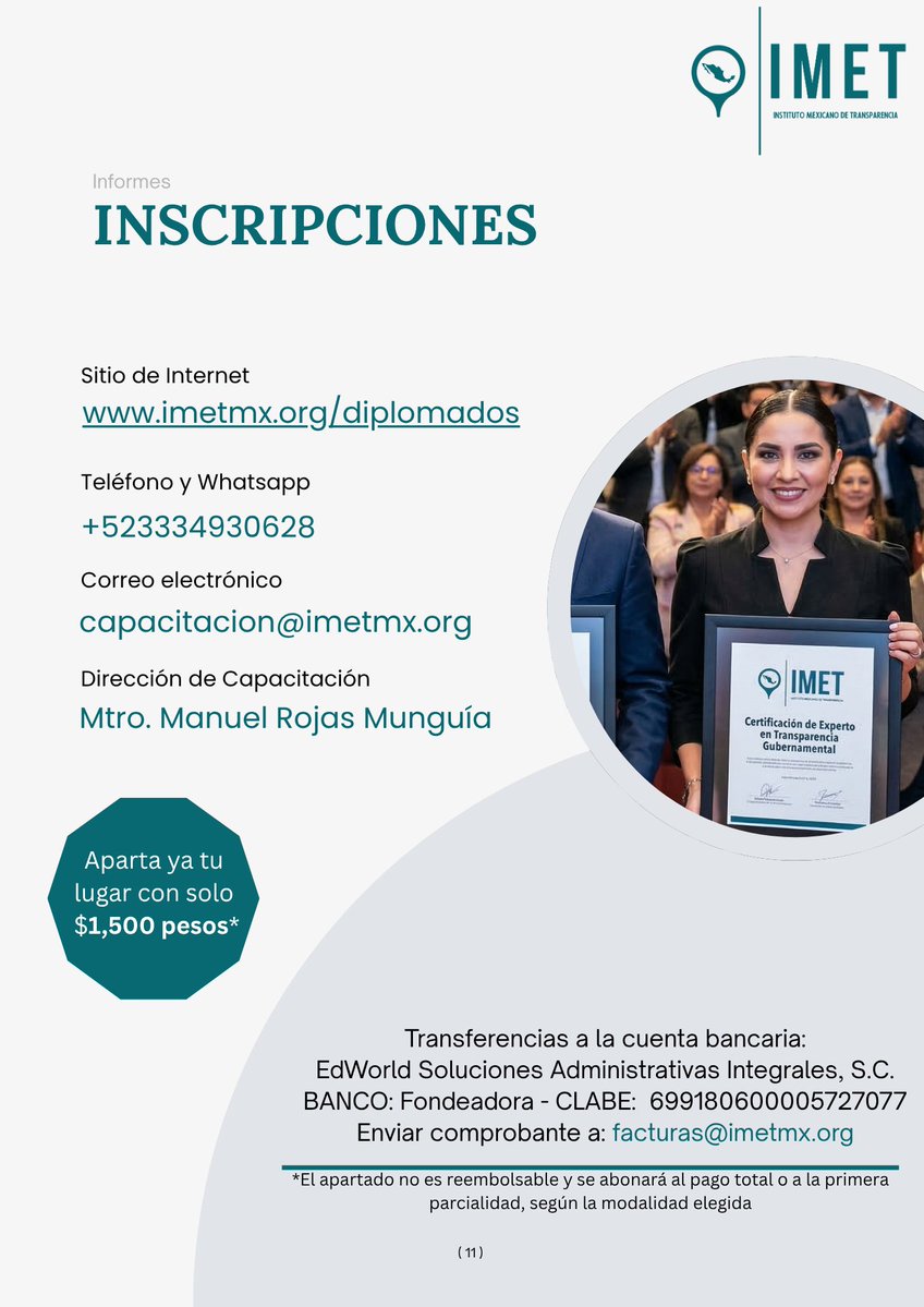 IMET_MX's tweet image. 📢 ¿Ya conoces el nuevo modelo de transparencia gubernamental en México?

El @IMET_MX abre inscripciones para el Diplomado «El Nuevo Modelo de Transparencia y Protección de Datos Personales» 2026 🎓
✅ 18 sesiones virtuales
✅ Claustro de Especialistas de 1er nivel
✅ 50% dto.