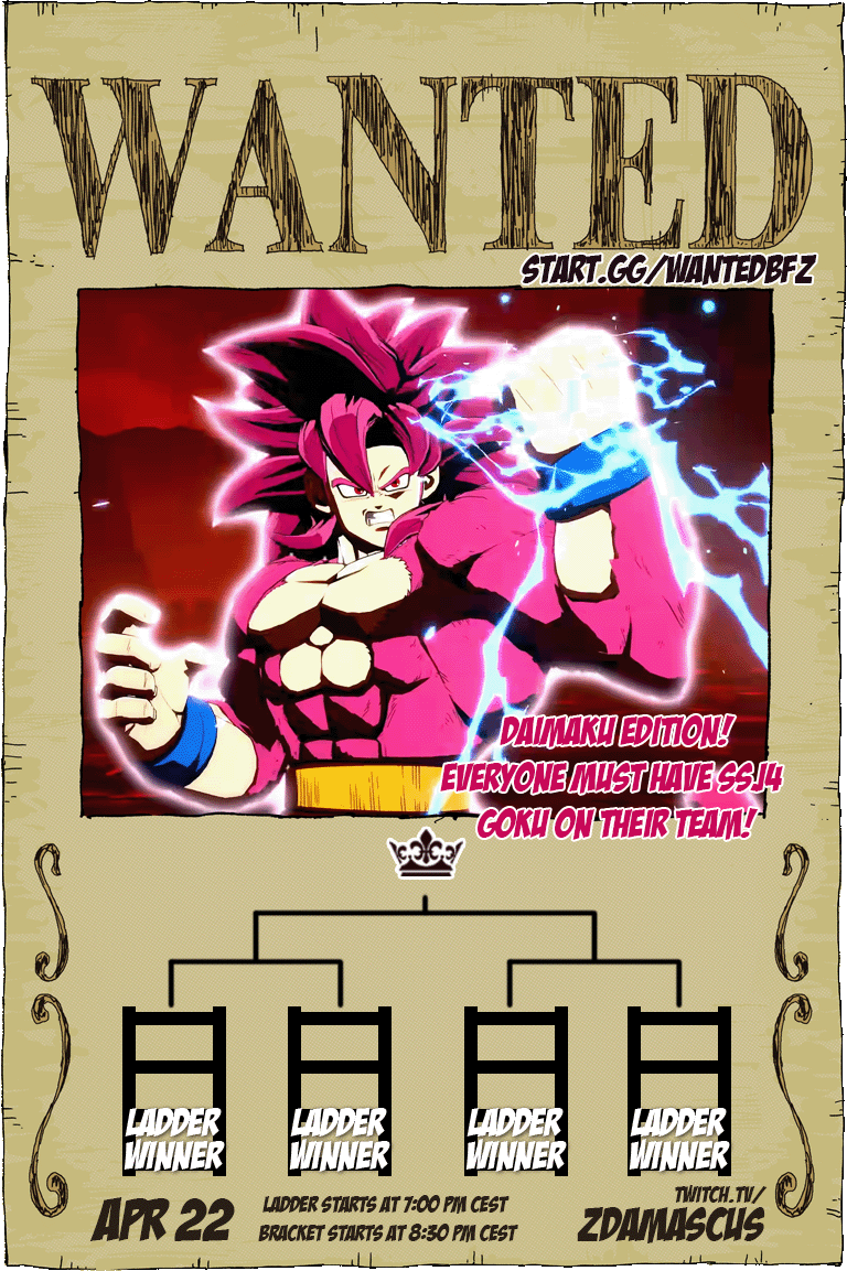 zDamascus's tweet photo. We're so back... So is Wanted!

Tomorrow at 7:00PM CEST (1:00PM EST), I'll run a ladder with one rule: EVERYONE MUST HAVE DAIMA GOKU ON THEIR TEAM

Let's enjoy the new character together! Signup link below (or on the poster if you can read)

Open to EU &amp; NA East! https://t.co/i5728Jgj8G