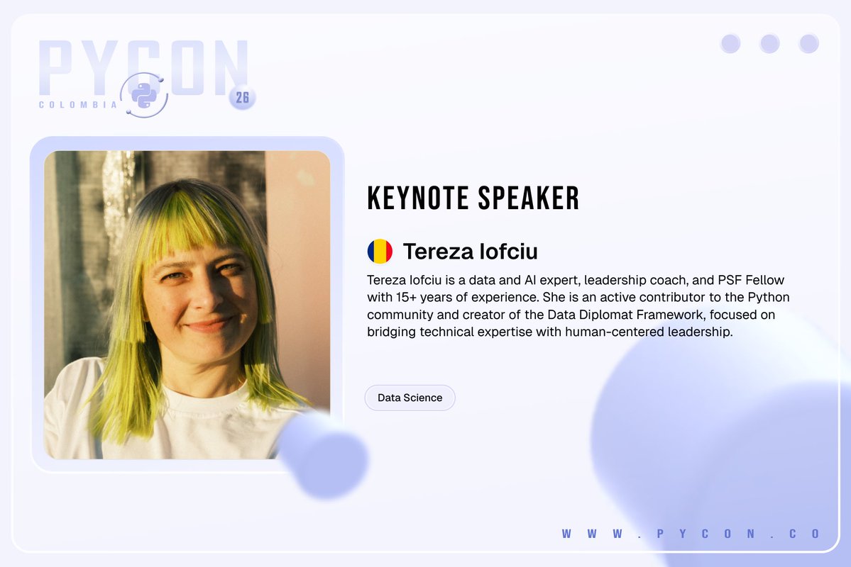 pyconcolombia's tweet image. We are thrilled to announce Tereza Iofciu as one of our Keynote Speakers for PyCon Colombia 2026. 

Learn more and follow Tereza :

Linkedin: linkedin.com/in/tereza-iofc…
Github: github.com/terezaif

#PyConColombia2026 #Keynote #Medellin #Event