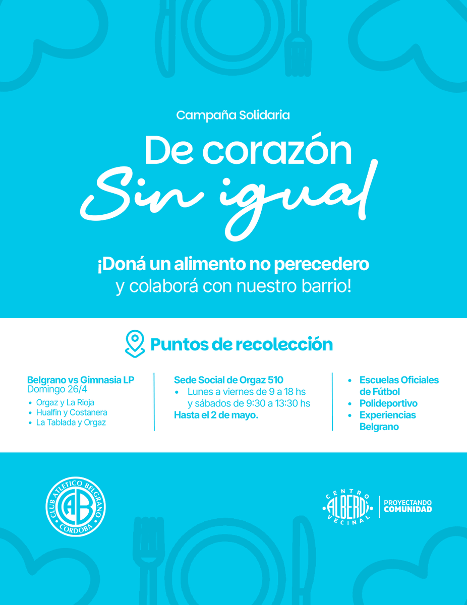 #SolidaridadPirata ¡Doná un alimento no perecedero y colaborá con nuestro barrio! 🩵

🤝 #Belgrano, en conjunto con el Centro Vecinal de Alberdi, lanza la campaña de donación de alimentos “De corazón sin igual” para colaborar ollas populares de la zona.

🥫Este domingo, en la