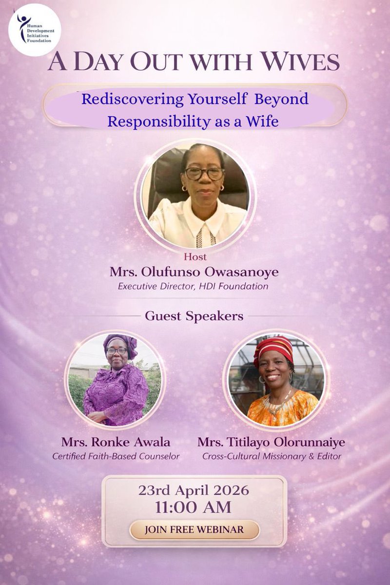 arabaribi1's tweet photo. Beyond all the roles wife play, there is still a woman with dreams, desires, and a unique identity.
Join us as we have an honest and refreshing conversation on REDISCOVERING YOURSELF BEYOND A WIFE
Apr 23, 2026 11:00 AM Africa/Lagos Meeting ID: 868 5224 2917
Passcode: 863547 https://t.co/aOrQDf5VM8