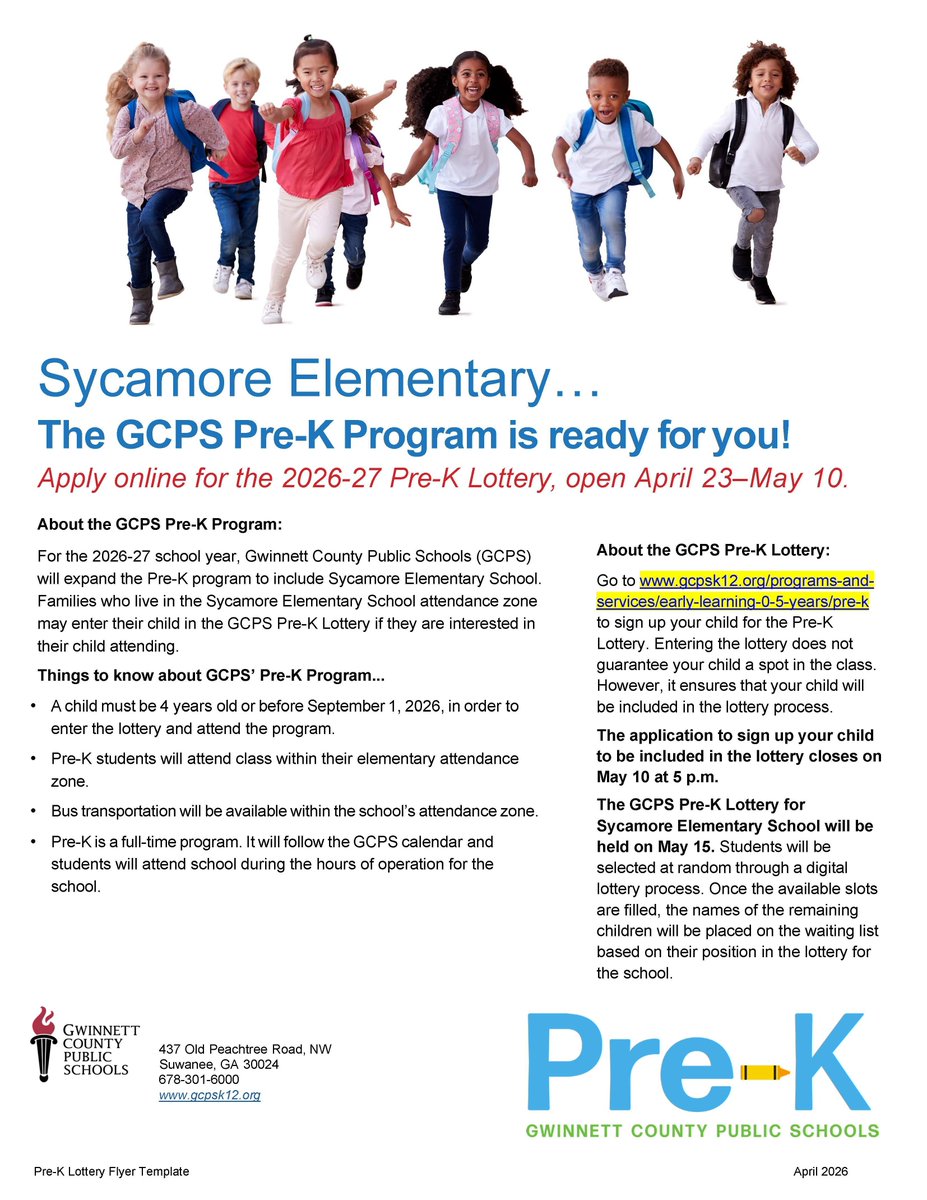 SycamoreES's tweet photo. Check out the flyer with information about the Pre-K Program coming to Sycamore Elementary soon! https://t.co/qh5tBDeRM9