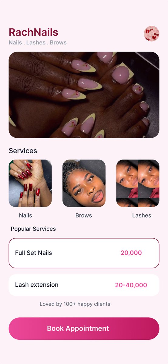 Light_nessa1's tweet photo. I was practicing my UI/UX design and I made something for a friends brand (RachNails). It’s like a simple booking/showcase screen for your nails, lashes, and brows.
#dailyui #figma https://t.co/aNb13F7DHB