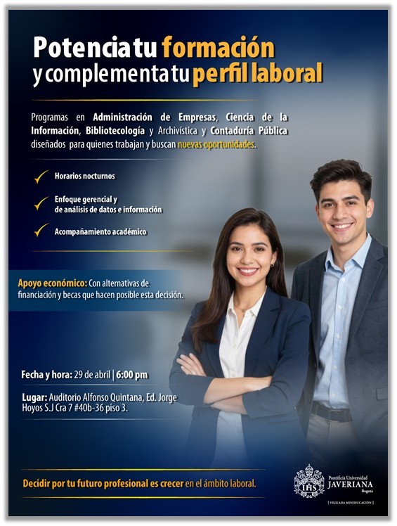 FCEAJaveriana's tweet image. ¿Listo para impulsar tu carrera? 🚀
Conoce nuestros programas nocturnos y opciones de financiación.
📅 29 de abril | 🕕 6:00 p.m.
🔗 cloud.cx.javeriana.edu.co/MERCA_INTERFAC…
💬 3165893544

#HorariosNocturnos #Javeriana #CrecimientoProfesional