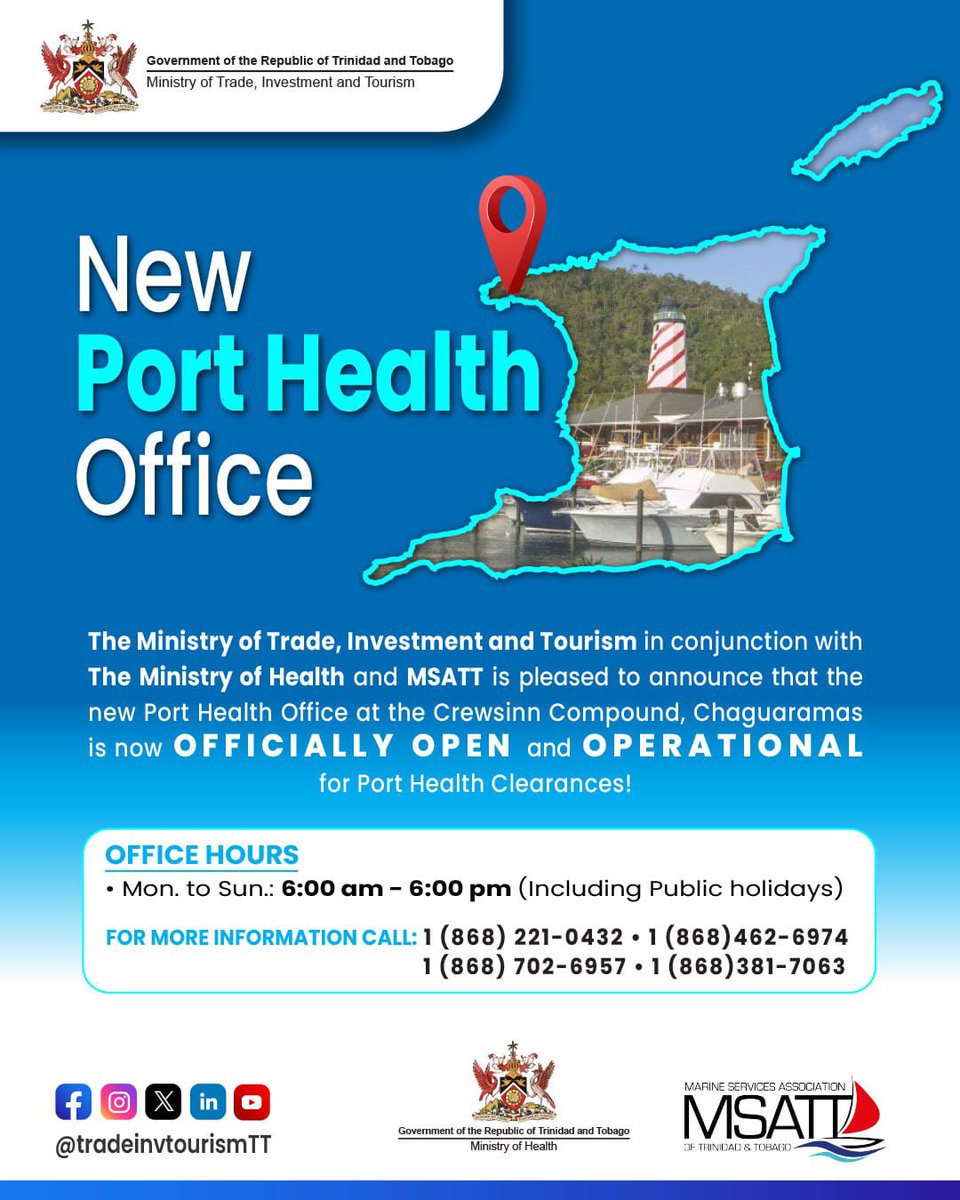 exploretrinidad's tweet photo. The new Port Health Office at the Crew’s Inn Compound, Chaguaramas is now open and operational for Port Health Clearances. 

This facility is a joint initiative of the Ministry of Trade, Investment and Tourism, the Ministry of Health, and MSATT, enhancing service delivery for the maritime sector.

👉 Learn more about yachting in destination Trinidad at https://t.co/U5wBQv7SOq