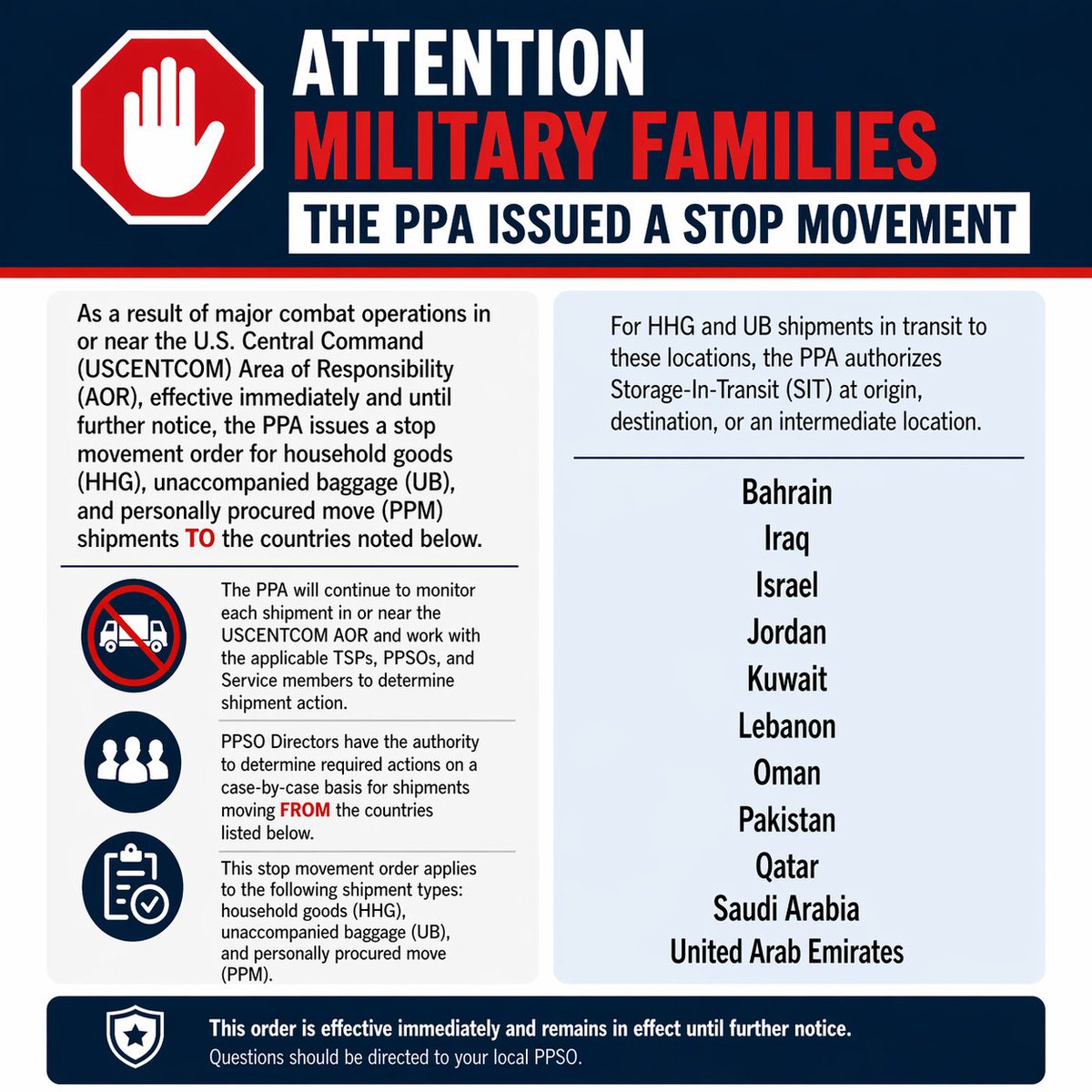 DOWPPA's tweet image. 🚨 Stop Movement Notice in effect. Shipments to select USCENTCOM locations are paused until further notice. Contact your local PPSO for guidance.

#militaryfamily #militaryrelocation #militarymoves