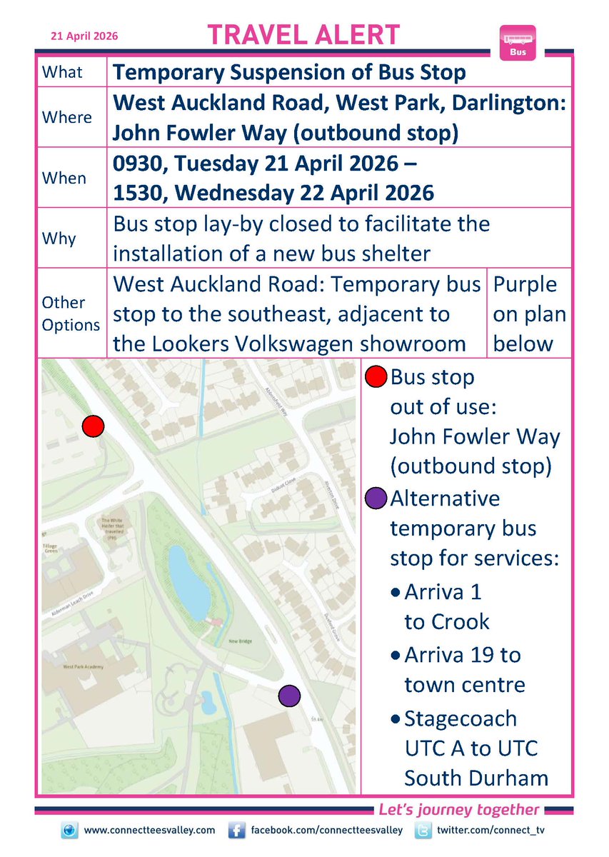 connect_tv's tweet photo. WEST AUCKLAND ROAD, WEST PARK, DARLINGTON: John Fowler Way (outbound) bus stop closed 0930 Tue 21-1530 Wed 22 Apr. For services 1, 19 &amp; UTCA from Darlington use temporary stop to southeast at Lookers Volkswagen. https://t.co/tZSjz8xV0H @darlingtonbc @arrivanortheast @StagecoachNE https://t.co/jKvElMZDG5