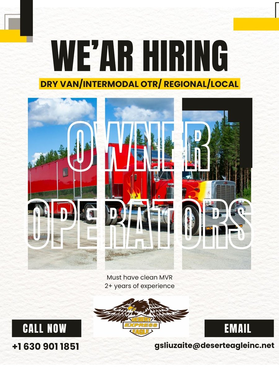 deserteagleinc's tweet image. WE ARE HIRING – OWNER OPERATORS
📍 Chicago, IL &amp;amp; Houston, TX
Join a company that values professional drivers and pays what you deserve.

📞: +1 630 901 1851
📩 gsliuzaite@deserteagleinc.net
Drive with a company that respects drivers.
#CDLJobs #TruckDriver #NowHiring #ChicagoJobs