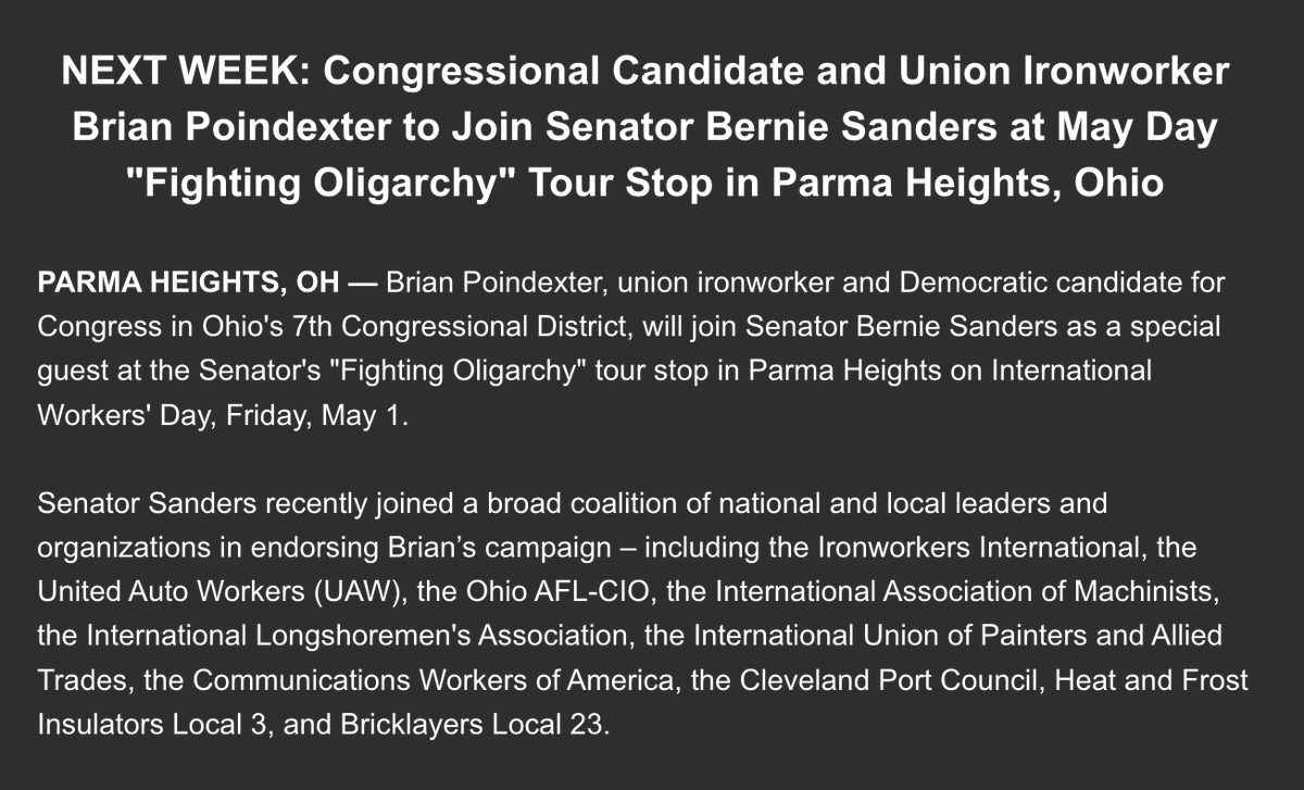 HenryJGomez's tweet photo. Sen. Bernie Sanders will campaign with Brian Poindexter in #OH7 next week. https://t.co/o7YKt6lWmD