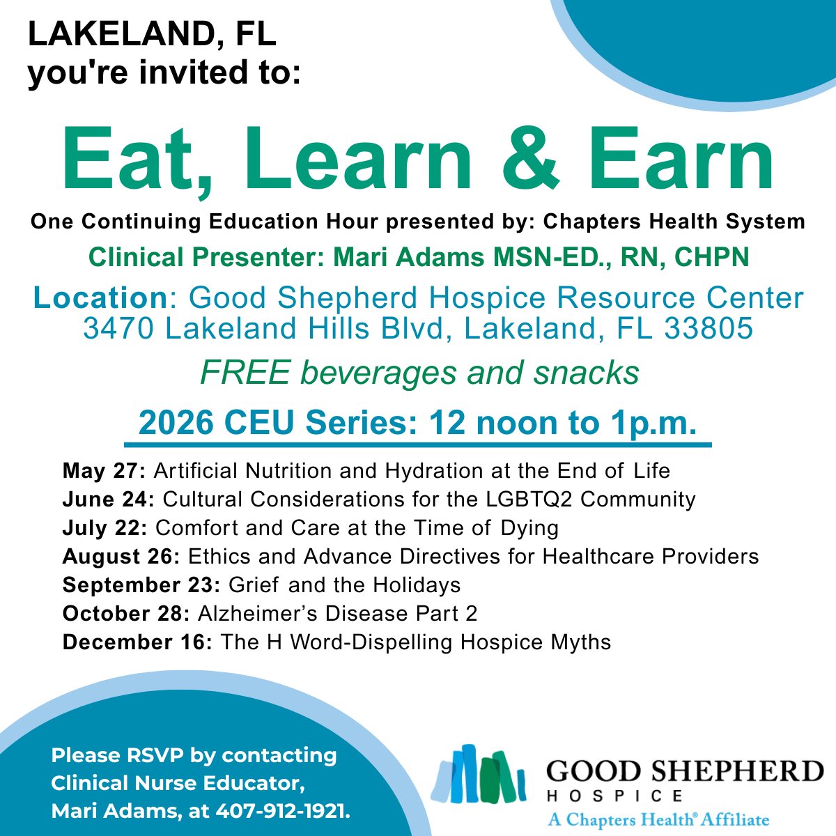 Chapters_Health's tweet image. Join us for our Eat, Learn &amp;amp; Earn! This CEU Series brings healthcare professionals together for meaningful conversations around chronic illness, grief support and more, all while earning continuing education credit. RSVP today!

#CEU #HealthcareCareers #NursingOpportunities