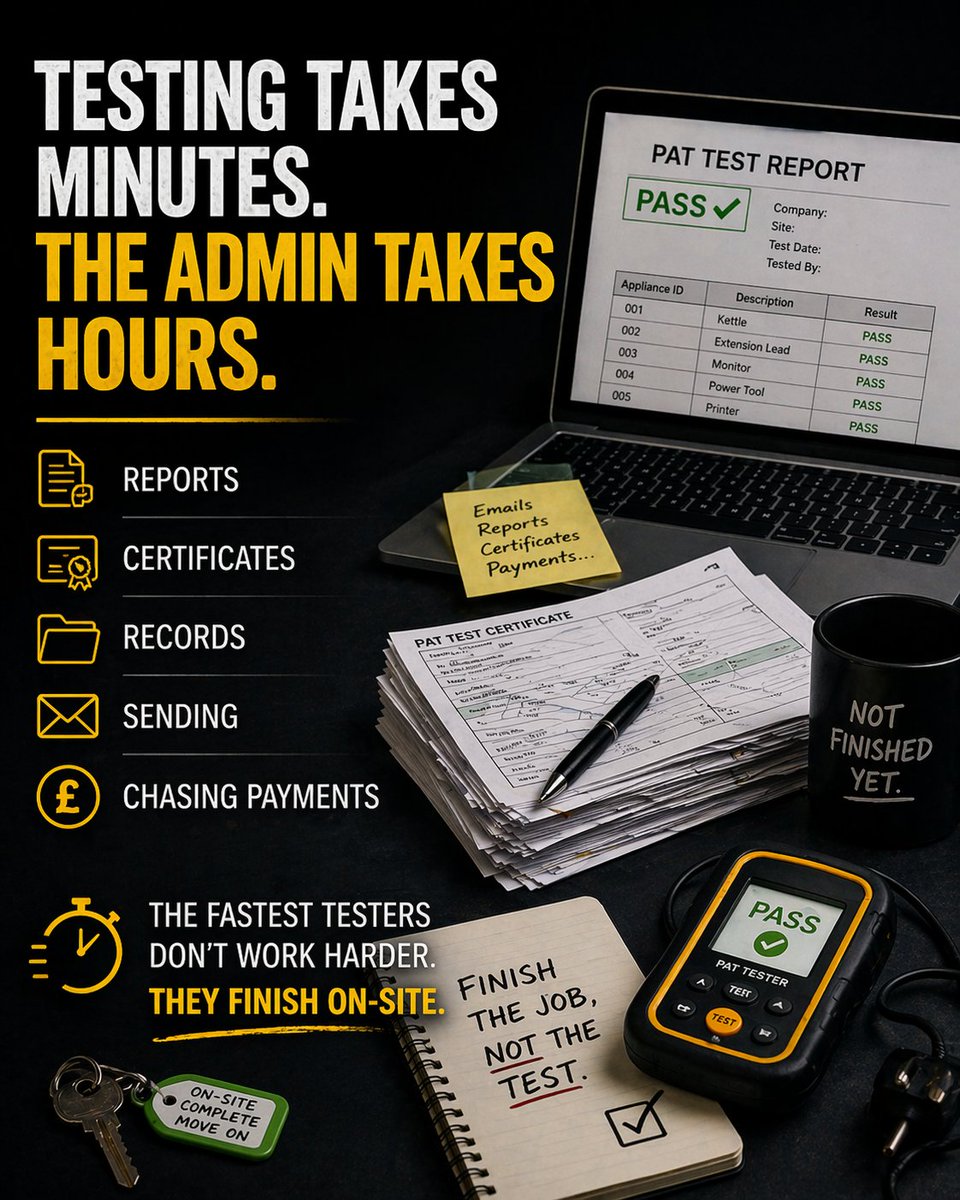 patlyapp's tweet image. Testing takes minutes.
Admin takes hours.
That’s where time is lost.

The fastest testers?
They finish on-site.

#PATTesting #UKTrades #WorkSmart #ElectriciansUK