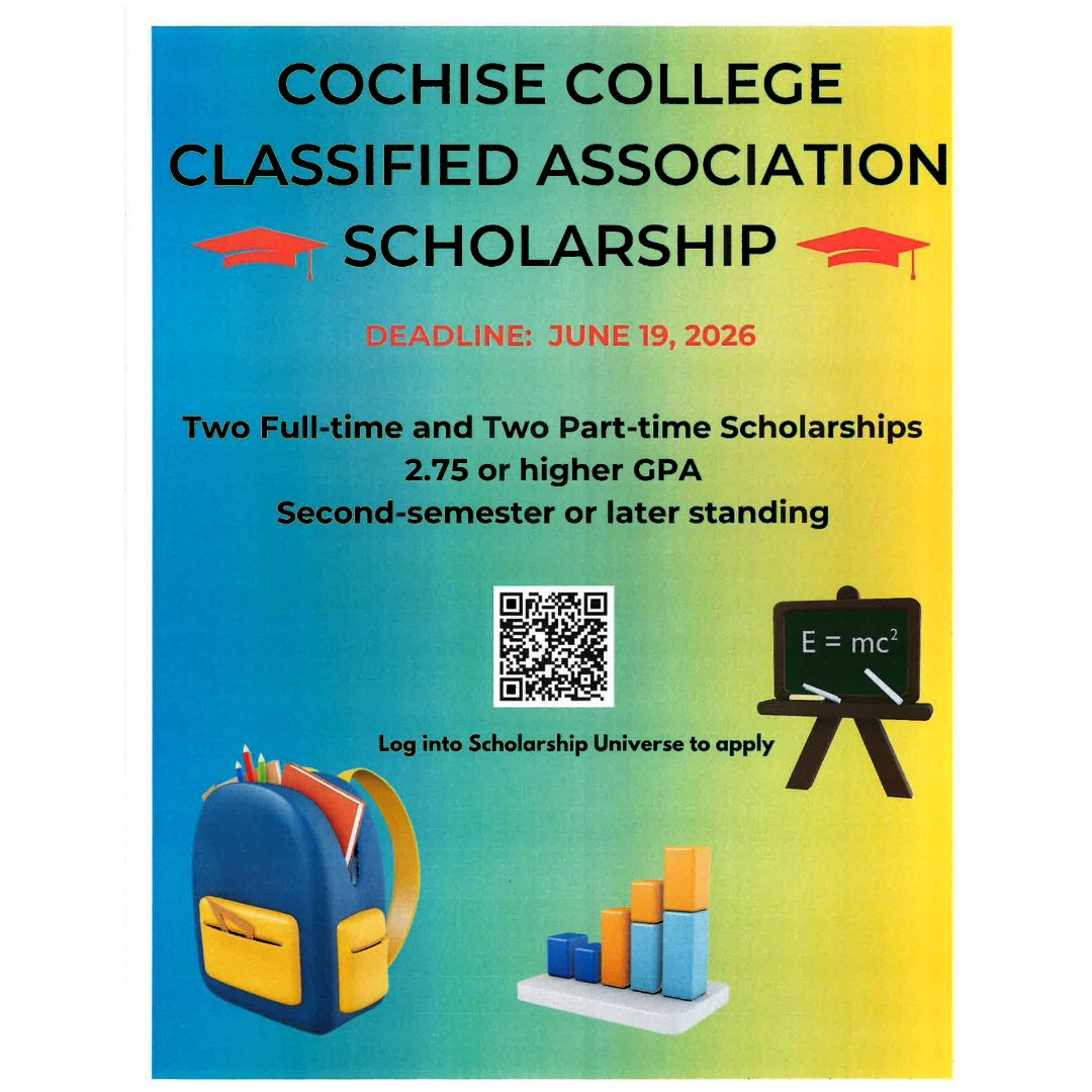AidCochise's tweet photo. Cochise College Classified Association Scholarship
Deadline: June 19, 2026
Two Full-Time and Two Part-Time Scholarships
2.75 or Higher GPA Required
Second-Semester or Later Standing

A QR Code in the middle of the Flyer to Log into Scholarship Universe to apply https://t.co/25QoNL7Vnn