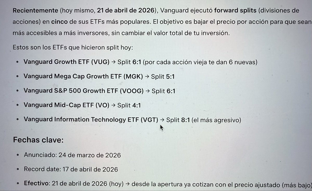 Para los que invierten en ETF de #Vanguard se hizo un split de acciones recientemente, así que si ven en rojo en algunos títulos de su comitente local, seguro
que en unos días estará compensado. 🤷‍♂️👍