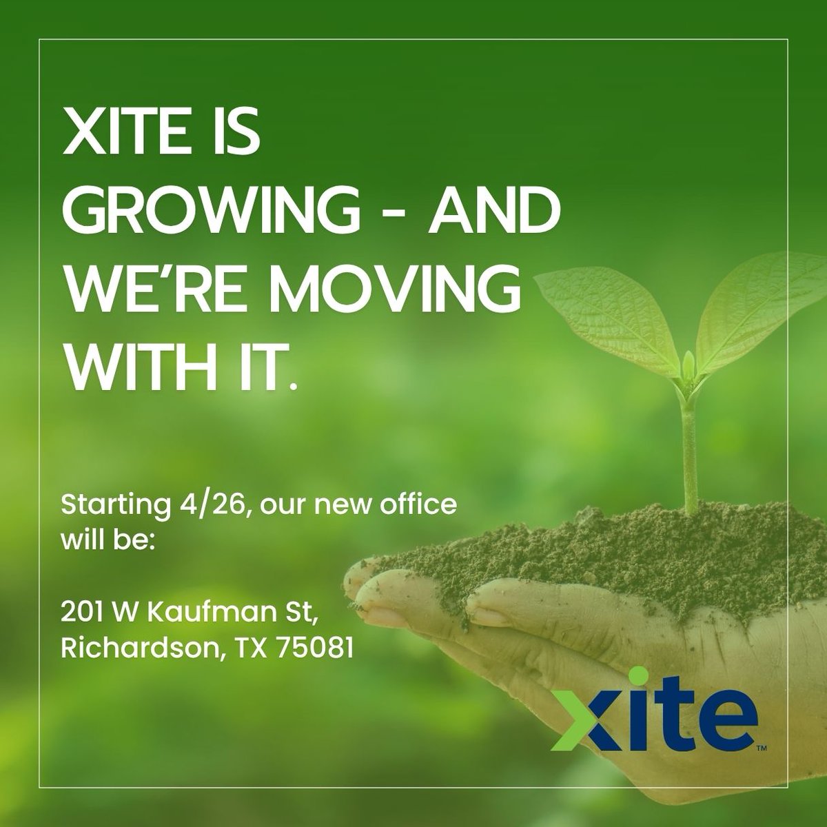XiteRealty's tweet photo. We’re growing—and we’re moving with it. 🌱

Starting April 26, Xite will be operating from our new office in Richardson, TX. 

📍 New Address:
201 W Kaufman St
Richardson, TX 75081

#Xite #Growth #NewBeginnings #OfficeMove #Innovation https://t.co/75uSub3o9V