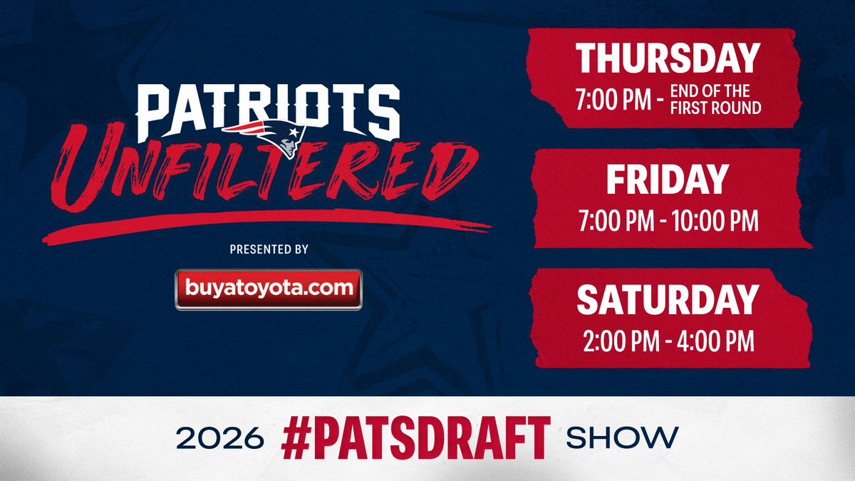 PATRIOTSdotCOM's tweet photo. We'll be bringing you live coverage of the 2026 Draft with special editions of Patriots Unfiltered.  

On https://t.co/fuqrt6GLL6 and YouTube
4/23: 7 PM - End of Draft
4/24: 7 PM - 10 PM
4/25: 2 PM - 4 PM

Quick hits on X &amp; FB
4/23: 10:30 - 11 PM
4/24: 8:30 - 9:30 PM
4/25: 2-3 PM https://t.co/Oo68JgqH1C