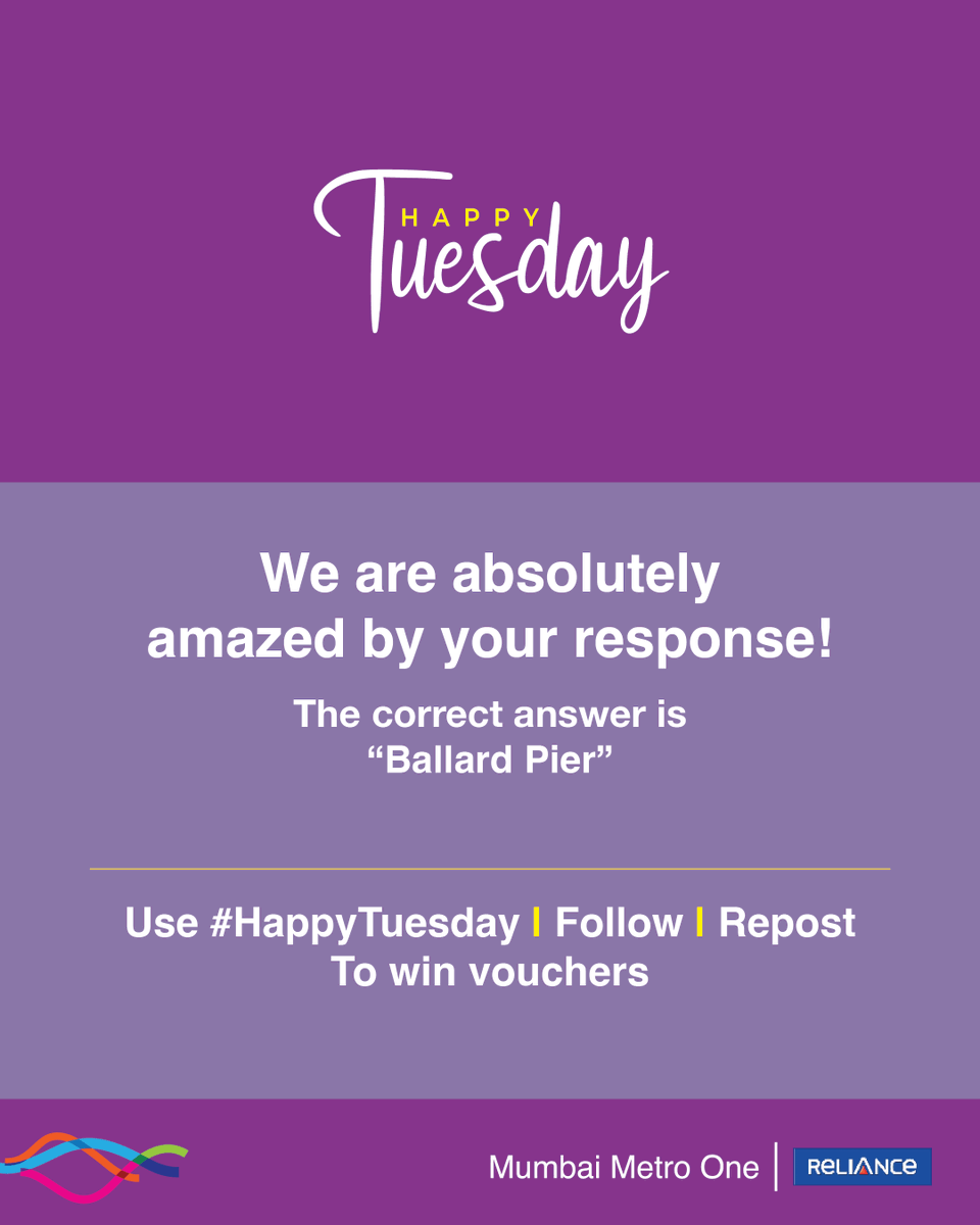 MumbaiMetro01's tweet image. A huge thank you to all for participating. 

Prizes will be awarded to 50 winners, first 25 correct entries and additional 25 winners by draw.

Mention #HappyTuesday with your answer, follow us and repost to participate and win every Tuesday.

#Contestalert #winprizes