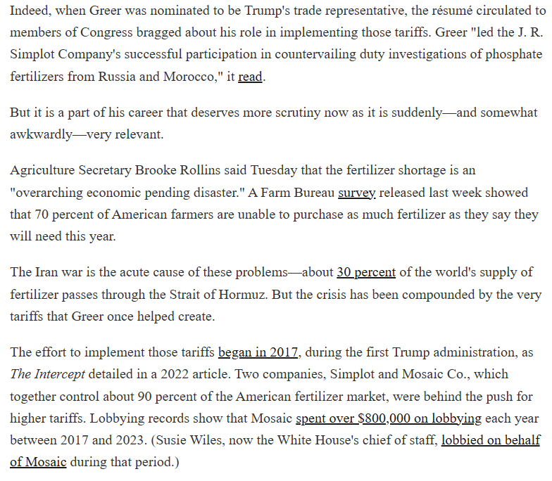 "If the president is worried about high fertilizer prices, he might want to have a conversation with his top trade official... [who] lobbied for policies that limited fertilizer imports and drove up prices for American farmers."

Drain. The. Swamp.
reason.com/2026/04/21/the…