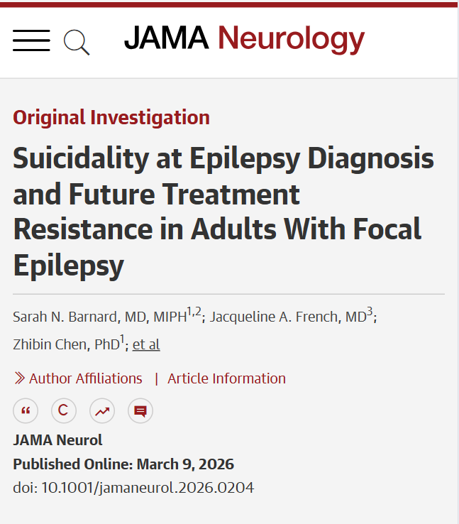 JAMANeuro's tweet image. Among adults with newly diagnosed focal #Epilepsy, suicidality at diagnosis was associated with more than double the risk of future drug resistance vs mood or anxiety disorders alone. 

ja.ma/4vHg5gX