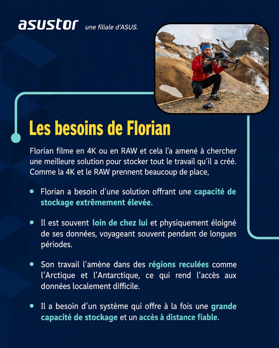 ASUSTORIncFr's tweet image. 🐻‍❄️ Il shoote l’Arctique en 4K.
💾 Avant : chaos de fichiers.
⚡ Avec ASUSTOR : tout centralisé + accessible partout.

#NAS #ASUSTOR #Workflow