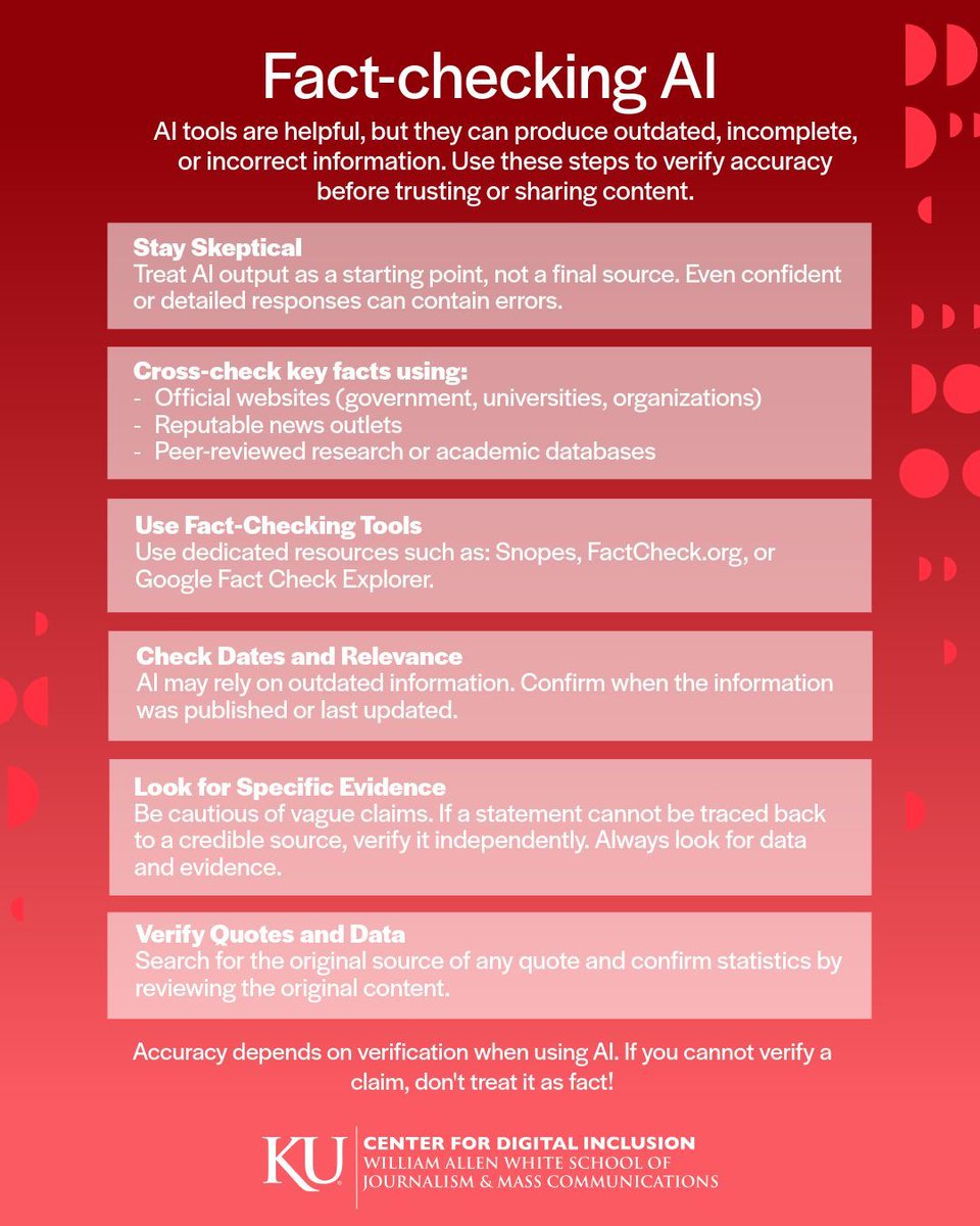 ku_cdi's tweet photo. AI is everywhere, and it’s important to know how to assess its credibility. Follow this guide to fact-check the information you see, and practice safe online habits!

#KUCDI https://t.co/LM1FvJU1N5