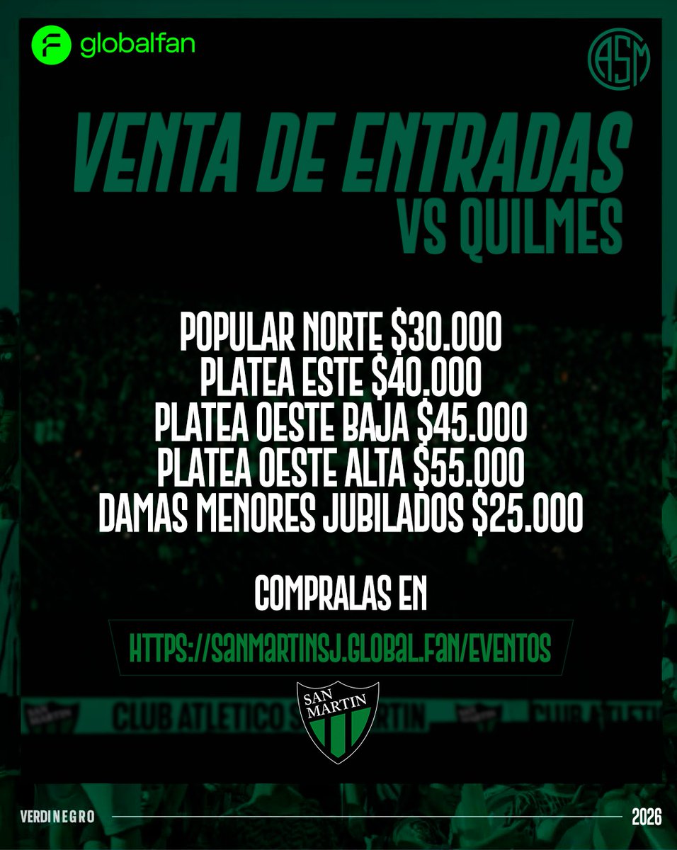 Venta de entradas 

Ya se encuentra disponible la venta de entradas para el partido del sábado a las 17:30hs vs Quilmes. 

La venta online a través de sanmartinsj.global.fan/eventos 

#VamosVerdinegro 🟢⚫