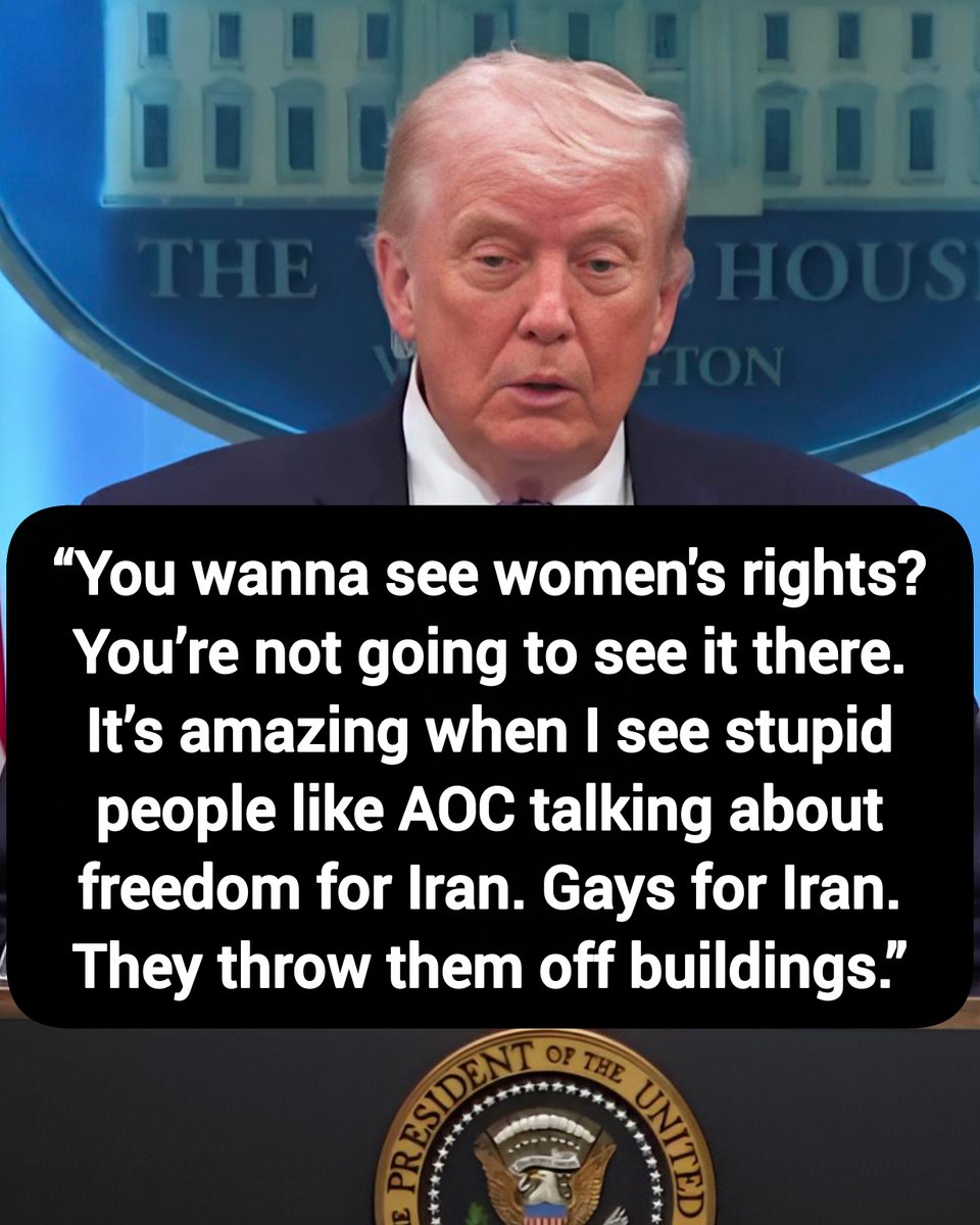 DavidJHarrisJr's tweet photo. President Trump: “You wanna see women's rights? You’re not going to see it there. It’s amazing when I see stupid people like AOC talking about freedom for Iran. Gays for Iran. They throw them off buildings.”

Thoughts? https://t.co/6RStyE8bxC