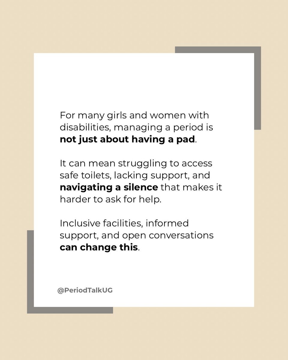 PeriodTalkUG's tweet photo. Period poverty doesn’t affect everyone equally.

For many girls and women with disabilities, it’s not just about access to products, it’s about inaccessible toilets, lack of support, limited information, and navigating silence and stigma.

Inclusion in menstrual health isn’t optional.  
It’s essential.

Menstrual health must be inclusive because dignity should never depend on ability.

Let’s build spaces where no one is left behind. 

#MenstrualHealth #DisabilityInclusion #EndPeriodStigma