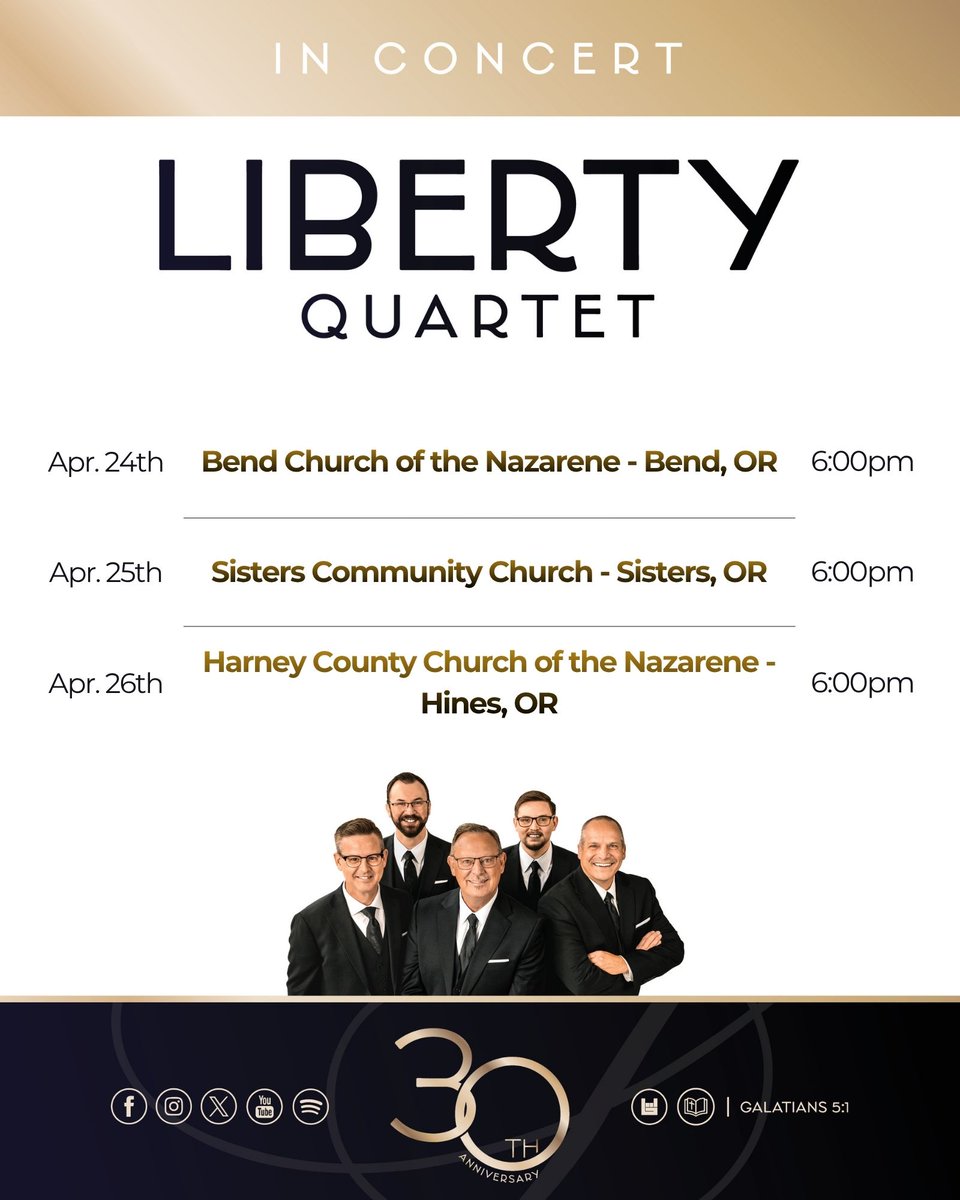 Our 30th Anniversary Tour is rolling towards OREGON! Come join us!

Go to libertyquartet.com/tour or download the Bandsintown app to your smartphone for more info. See you soon!

#LQ30thTour