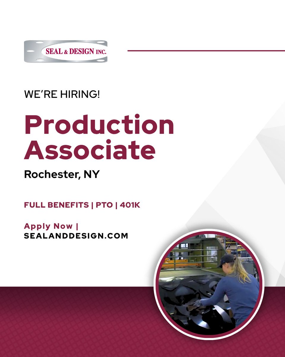 SealDesign's tweet image. We're hiring a Production Associate!

Operate equipment, fabricate to spec, and ensure quality in a modern, team-focused environment with cross-training opportunities. Comprehensive benefits package.

Apply now: hubs.li/Q04cWmws0

#ManufacturingJobs #NowHiring #Careers