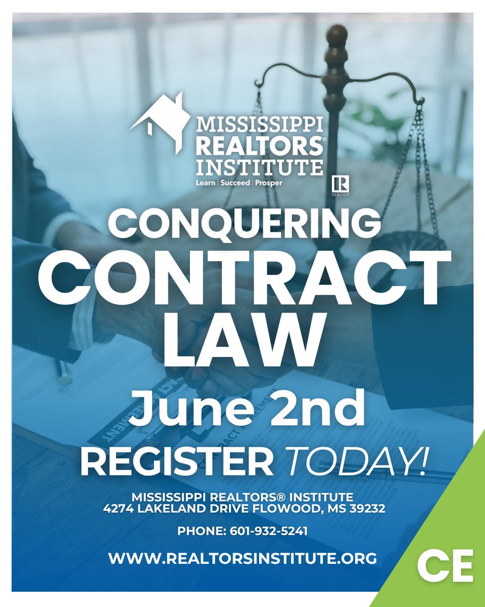 REALTORInstitut's tweet image. Satisfy 2 hours of Contract Law CE requirements with Conquering Contract Law on June 2. This course will cover the fundamentals of contractual obligations and the fiduciary role in assisting clients and customers with those obligations.

#ContractLaw
#continuingeducation