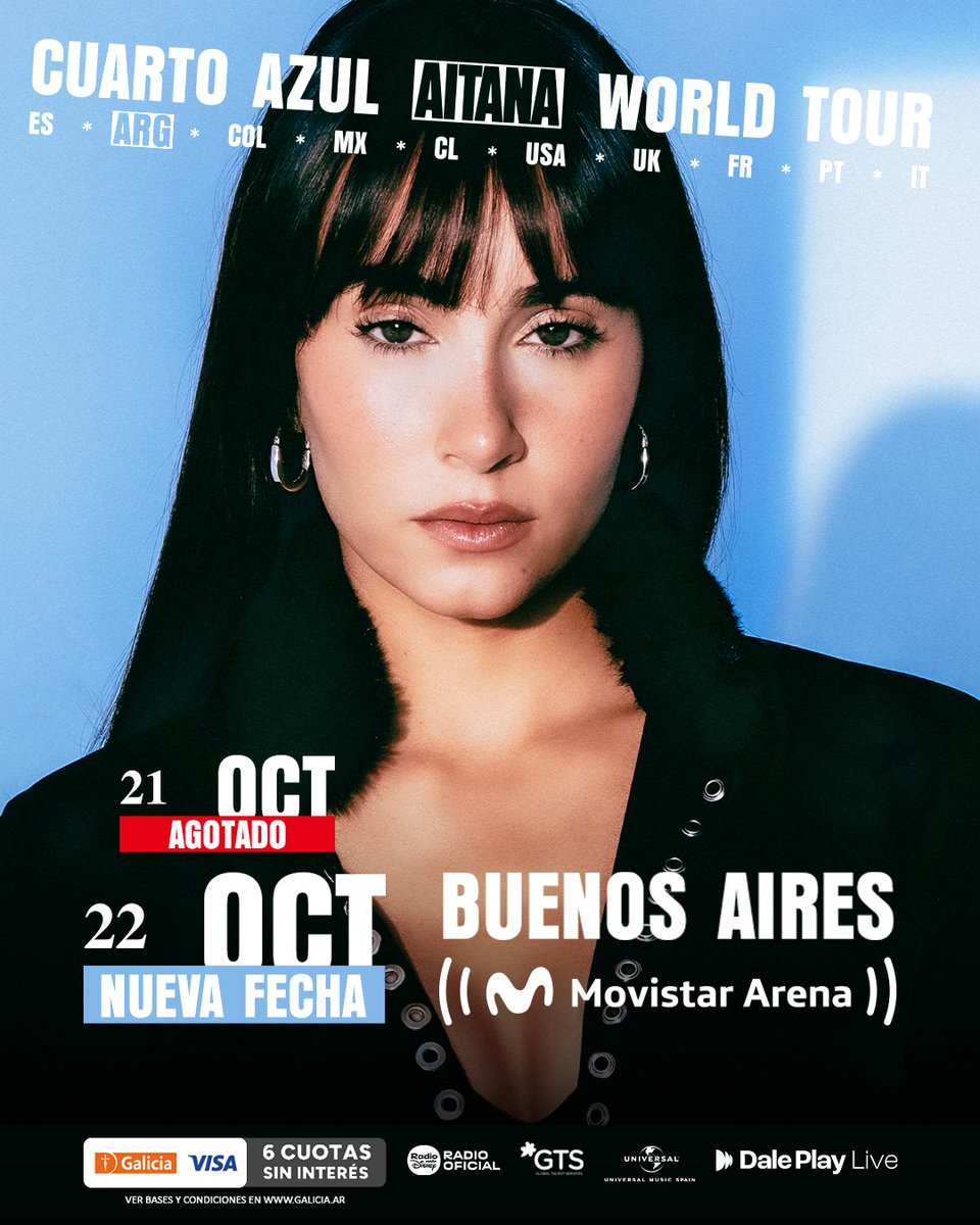 Aitana en Argentina 🇦🇷
21 y 22 de Octubre en el Movistar Arena!

21: SOLD OUT
22: Entradas disponibles 
movistararena.com.ar/show/1c45fcb6-…

Nos pueden pedir el link al grupo de WhatsApp con fans de todo el país 💙