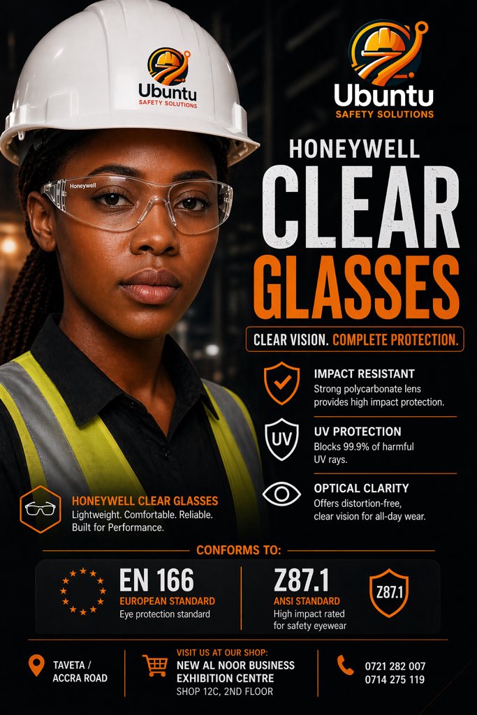 Clear vision. Real protection.
Honeywell Clear Safety Glasses — built for impact resistance, comfort, and all-day performance.

#SafetyFirst #PPEKenya #EyeProtection #HoneywellSafety #WorkplaceSafety #SiteSafety #UbuntuSafety