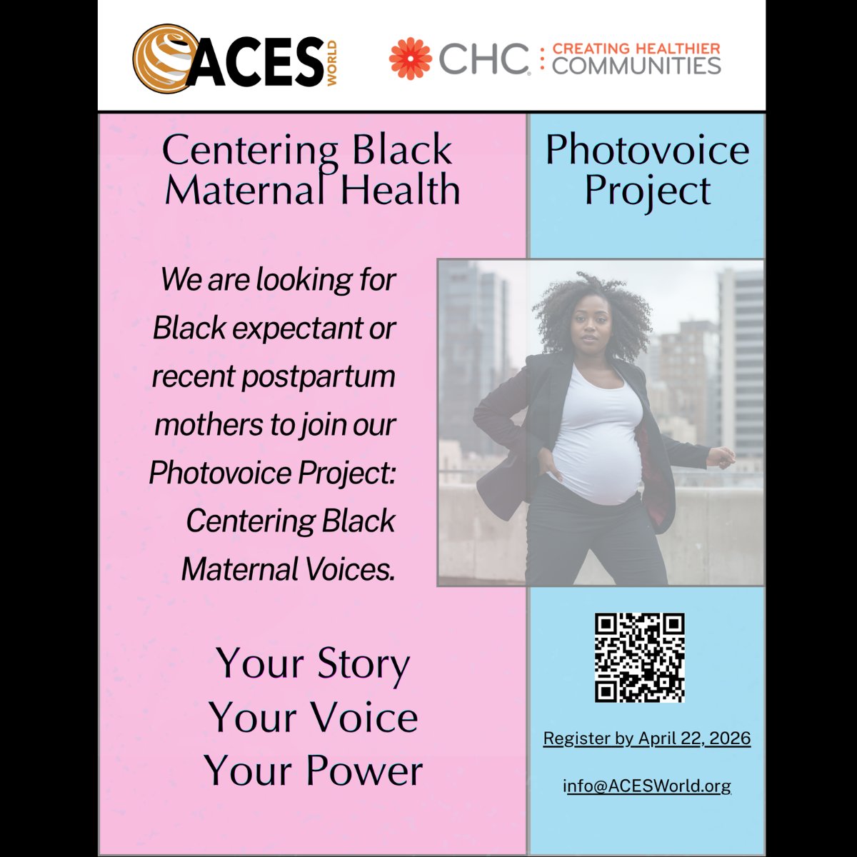 AcesWorld4All's tweet photo. Black women’s maternal health stories deserve to be seen and heard.
Join our Photovoice Project: Centering Black Maternal Voices — share your journey and help change the narrative: https://t.co/rO1DDhKiAF

#BlackMaternalHealth #CenteringBlackVoices #PhotovoiceProject @chcimpact https://t.co/8EQpV5aFrR