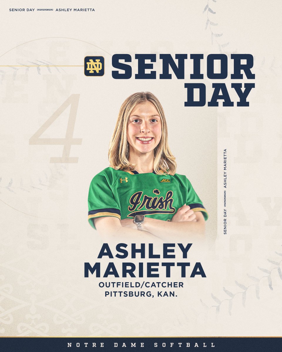 NDsoftball's tweet photo. 𝐒𝐞𝐧𝐢𝐨𝐫 𝐒𝐩𝐨𝐭𝐥𝐢𝐠𝐡𝐭: #𝟒 𝐀𝐬𝐡𝐥𝐞𝐲 𝐌𝐚𝐫𝐢𝐞𝐭𝐭𝐚 ☘️

Join us Saturday at Melissa Cook Stadium for Senior Day 🥎

#GoIrish | #ndsbSWAG | @ashmarietta https://t.co/djYKKDoIEq