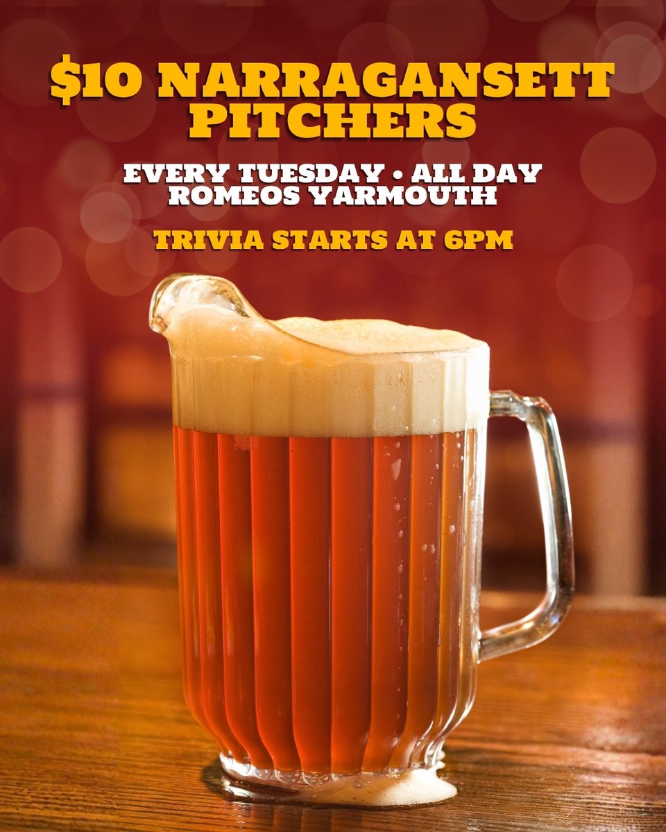 RomeosME's tweet photo. Cold pitchers all day. Brain power all night. 🍻🧠 Tuesday at Romeos Yarmouth means $10 Narragansett pitchers from open to close! Once your table is set, join the fun. Our awesome Trivia Night kicks off at 6pm! Bring your team tonight! https://t.co/g63WzOfcUv https://t.co/6eVtNhDWDz