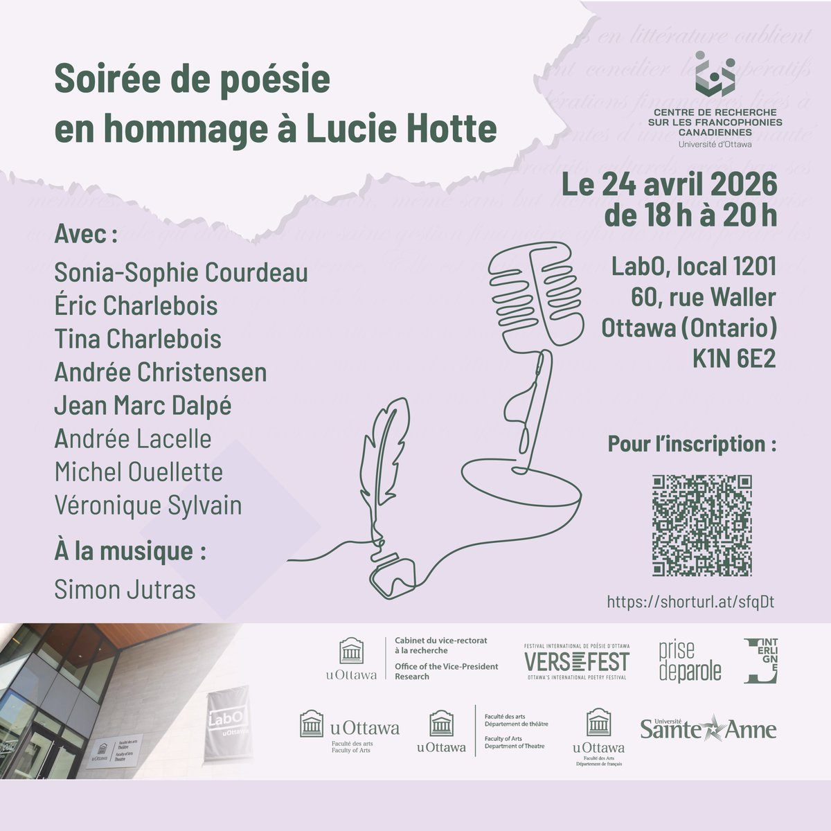 crccf's tweet photo. 🎤Soirée poésie en hommage à Lucie Hotte : c’est ce vendredi au LabO ! Dans le cadre de son colloque annuel, le CRCCF vous invite à une soirée poésie le 24 avril à 18 h au LabO (salle 1201). Pour l’inscription : https://t.co/b8SypQcZ7Q https://t.co/hk4g8Efwep