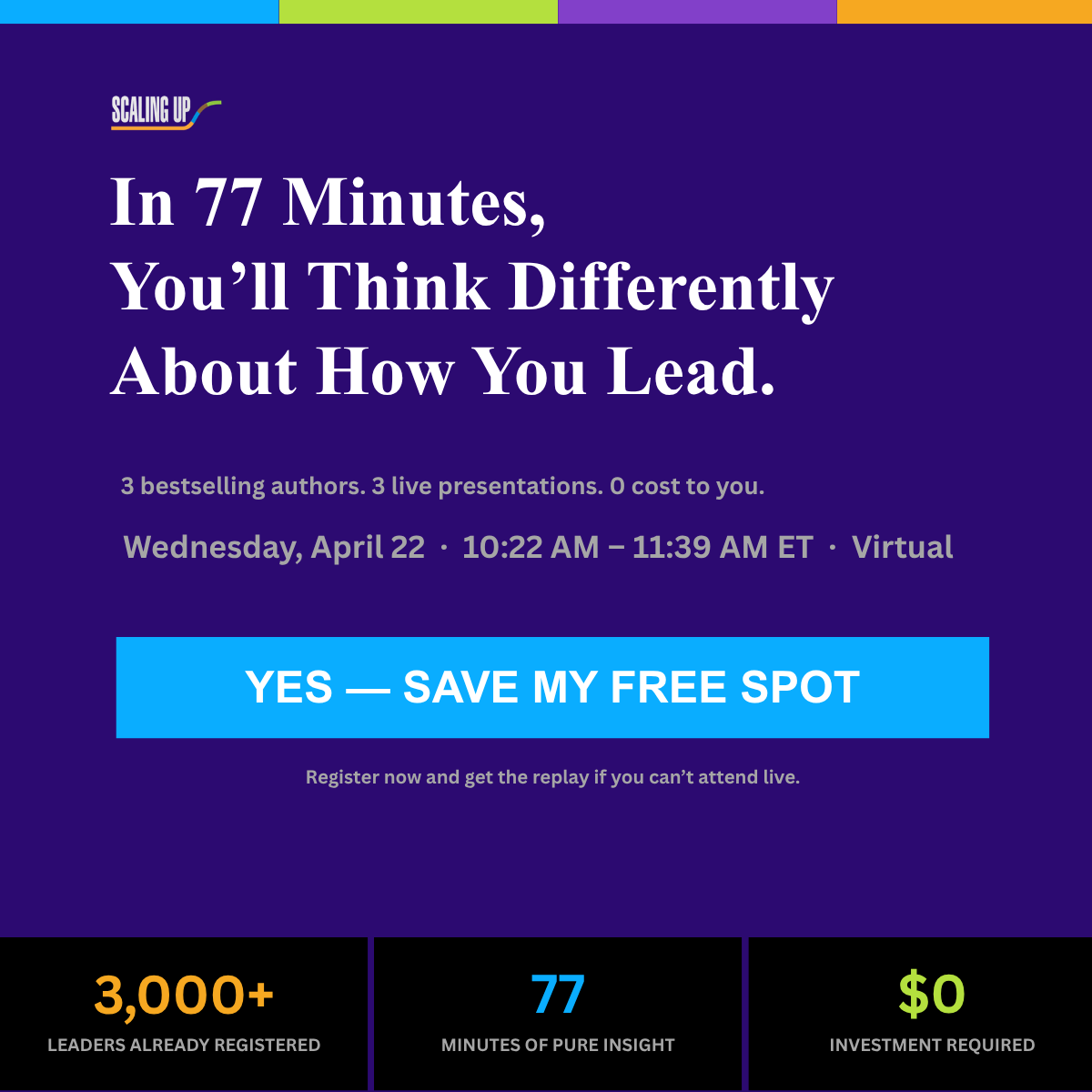 agilescaleup's tweet photo. Wednesday. 10:22 AM. 77 minutes.

3 bestselling authors. 1 powerful idea each. Live, free, virtual.

No fluff. No pitch. Just what matters now.

Scaling Up+ Learning Series — in 2 days.

3,000+ CEOs are already in. Are you?

→ Register free: link in thread https://t.co/zU78Qa70g0