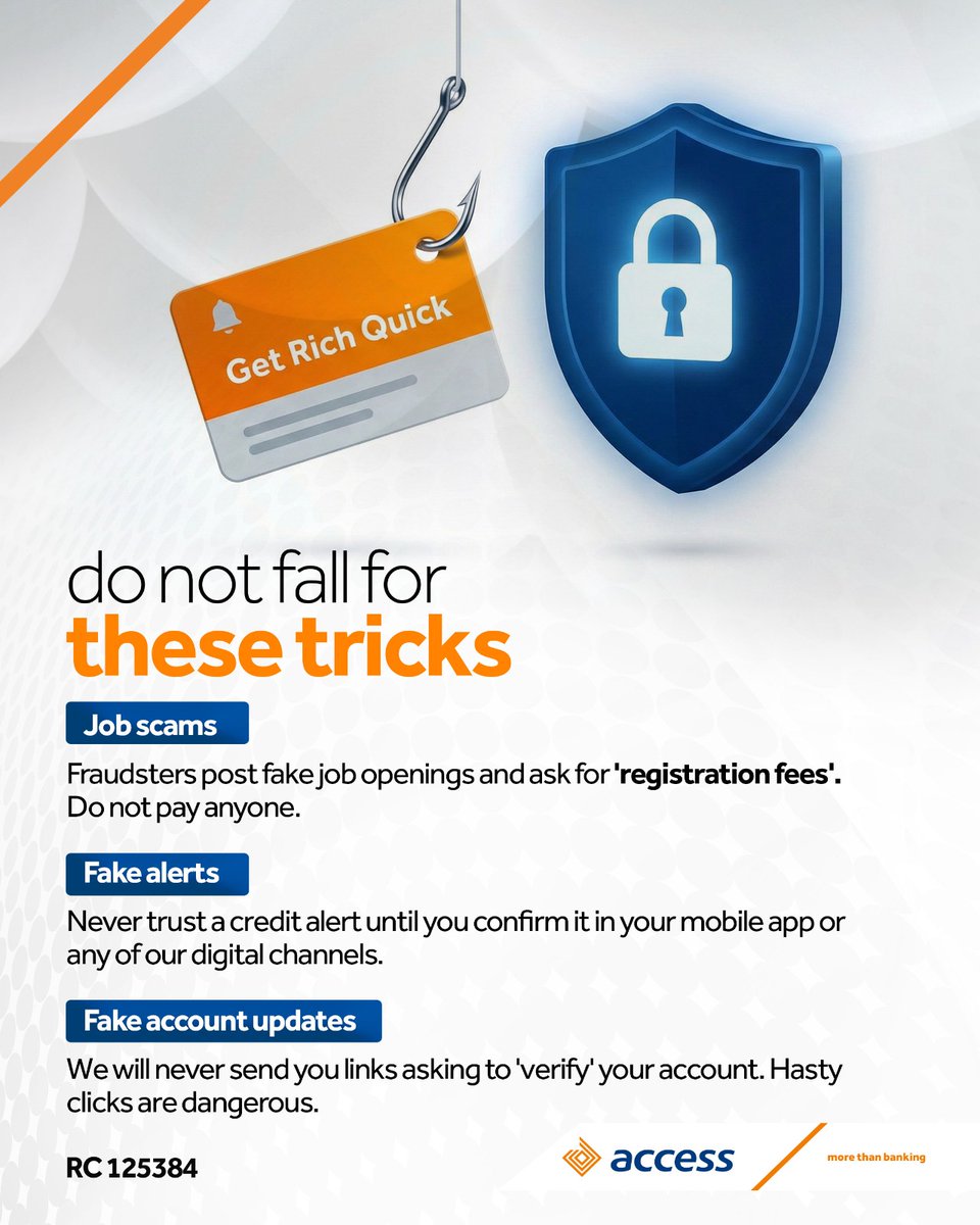 access_more's tweet image. “Your account needs urgent attention.”
“Congratulations, you’ve been selected.”

If it feels rushed or too good to be true, it probably is.

Pause. Verify. Stay protected.

#AccessBank #FraudAwareness #MoreThanBanking