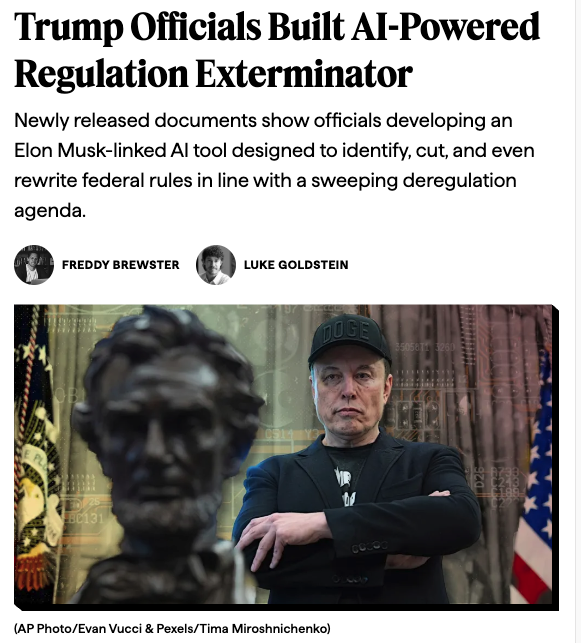 freddy_brewster's tweet photo. Documents obtained by @LeverNews show how an AI program designed for "regulation extermination" was pitched to gov't employees &amp; trained on nine criteria to eliminate regulations that posed high costs on businesses or used "race-based classifications"

With @lukewgoldstein https://t.co/plmoQRzpzP