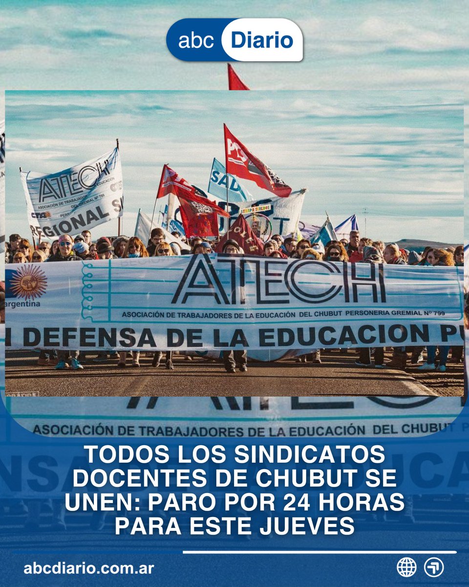 abcdiarioar's tweet image. 🏫🗣️TODOS LOS SINDICATOS DOCENTES DE CHUBUT SE UNEN: PARO POR 24 HORAS PARA ESTE JUEVES 📌El paro será este jueves y se da ante la decisión del gobierno de posponer la paritaria sin fecha… + abcdiario.com.ar #Chubut #ParoDocente #Educación #Sindicatos #MesaSalarial
