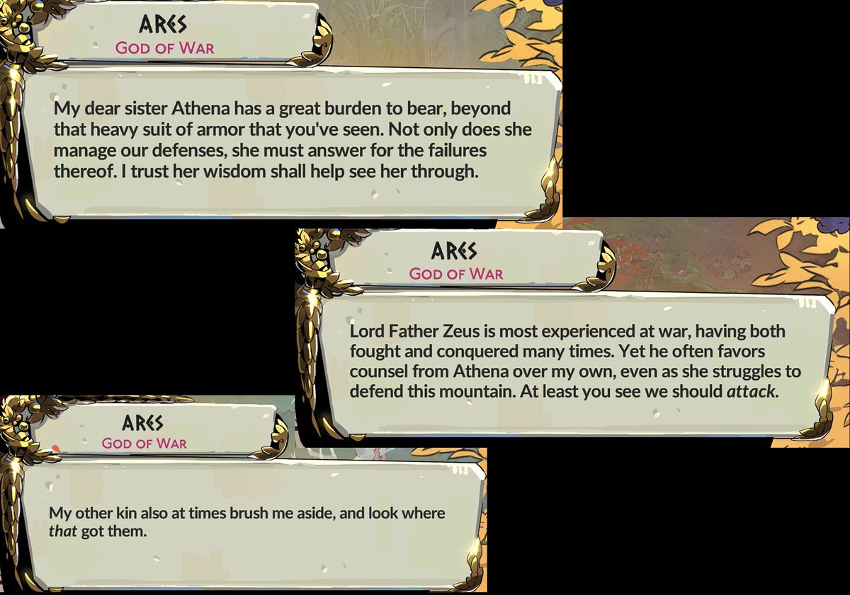 Ares coming late to war from his vacation, saw the shit state the country is in, proceed to shit on Athena's defense strategy, shit on Zeus' decision on favoring her, shit on everyone else who think he's not good enough

Honestly, i don't blame him