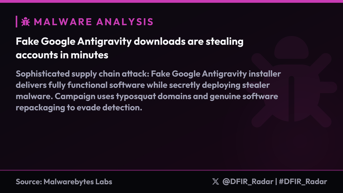 Malware analysis summary of fake Google Antigravity installer supply chain attack