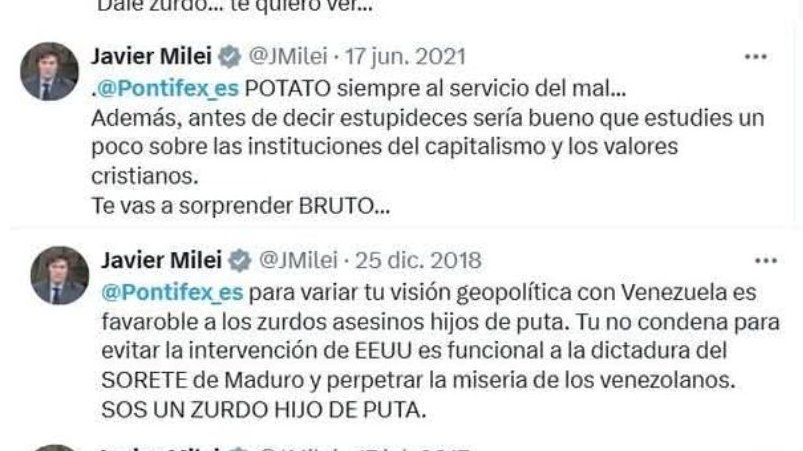 <a href="/JMilei/">Javier Milei</a> Cuesta creer que usted sea capaz de hacer ese posteo, siendo que no hace mucho escribió los peores insultos contra Francisco. Claramente usted crece de toda sensibilidad, su estado mental violento y desequilibrado no le permite darse cuenta de la barbaridad. Espero todo esto no