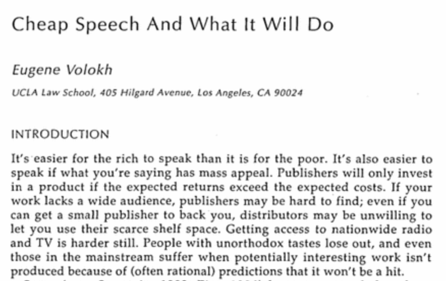 ahall_research's tweet photo. In 1995, my @HooverInst colleague Eugene Volokh published "Cheap Speech and What It Will Do"---the most prescient article ever written about the internet. 

In a single piece he predicted Spotify, the Kindle, Substack, and filter bubbles (and more)! 

His key insight was: when the cost of speaking drops to near zero, power shifts from intermediaries to speakers and listeners.

Today, the cost of speaking has gotten even closer to zero, and the collapse of intermediaries is accelerating. 

Prediction markets are replacing polls, AI tools are replacing experts, and Substacks are replacing newspapers and academic journals. 

Yesterday @MTSlive launched, an a16z-backed live show going direct to audiences, bypassing traditional media entirely. 

What to make of all this? Volokh predicted the collapse of intermediaries would cause problems--a "possible dark side" he called it--and it has. But he bet that, ultimately, the benefits from unleashing more free expression outweigh the costs. 

Will that be true with the strange new media ecosystem we're seeing arise today? 

It will probably depend on the choices we make in the coming years to structure AI, prediction markets, and other new tools in ways that align with free societies.