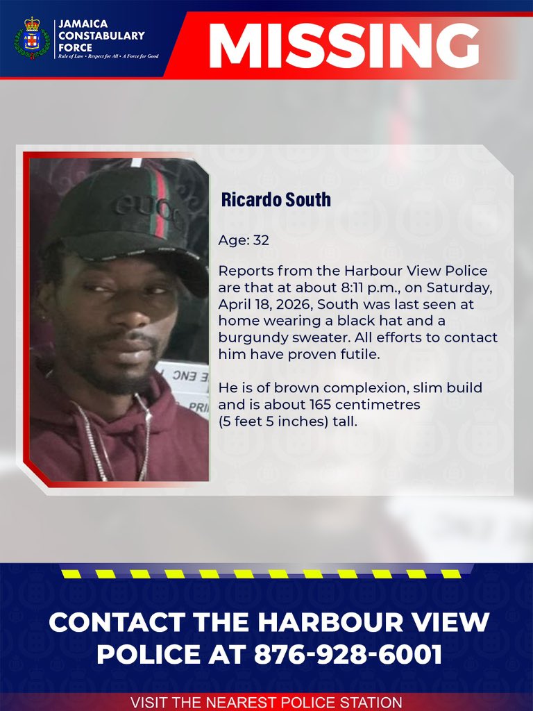 Help us locate missing Ricardo South. If you know his whereabouts, please call the Harbour View Police or the nearest police station. 

#Missing
