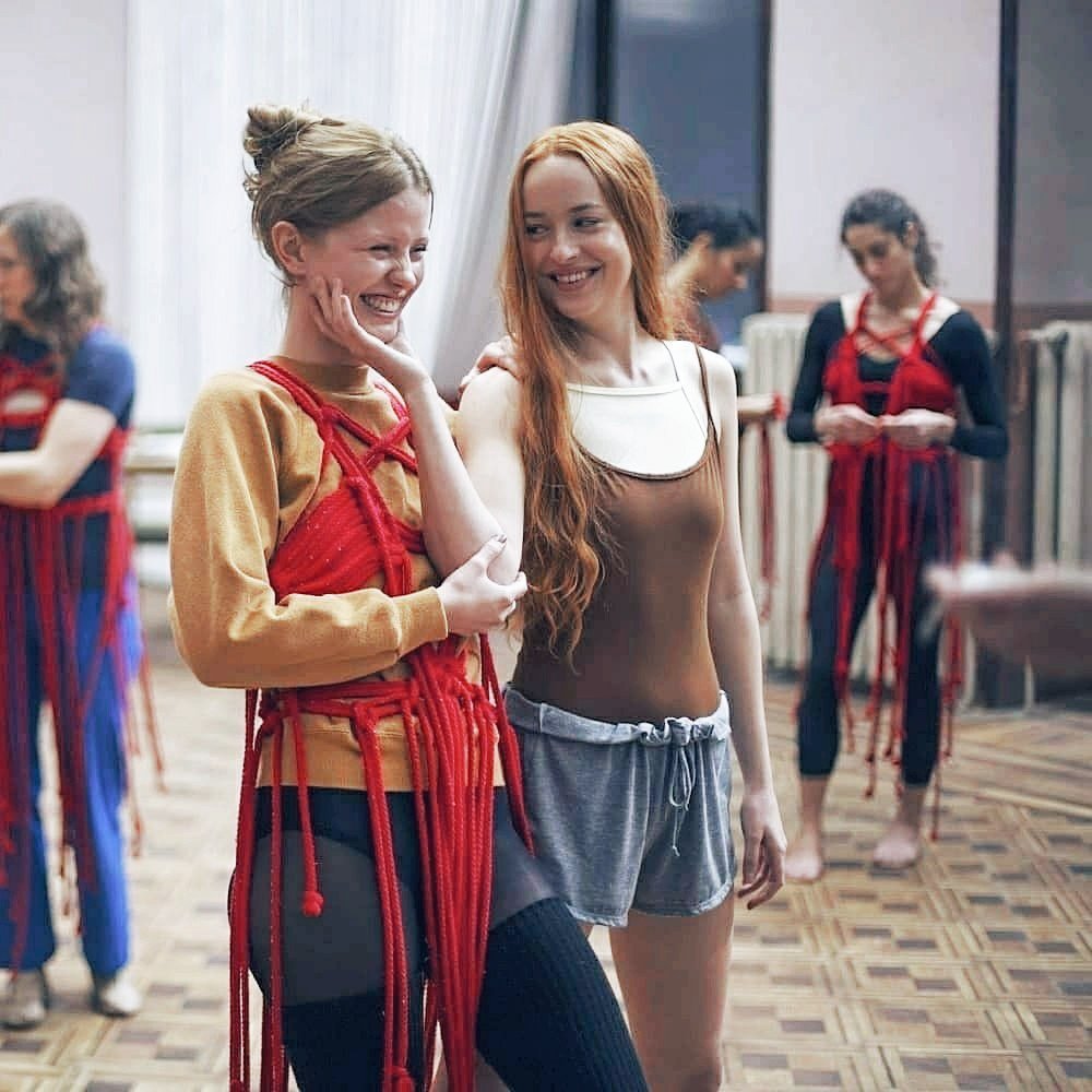 TheCinesthetic's tweet image. mia goth &amp;amp; dakota johnson on the set of suspiria (2018)